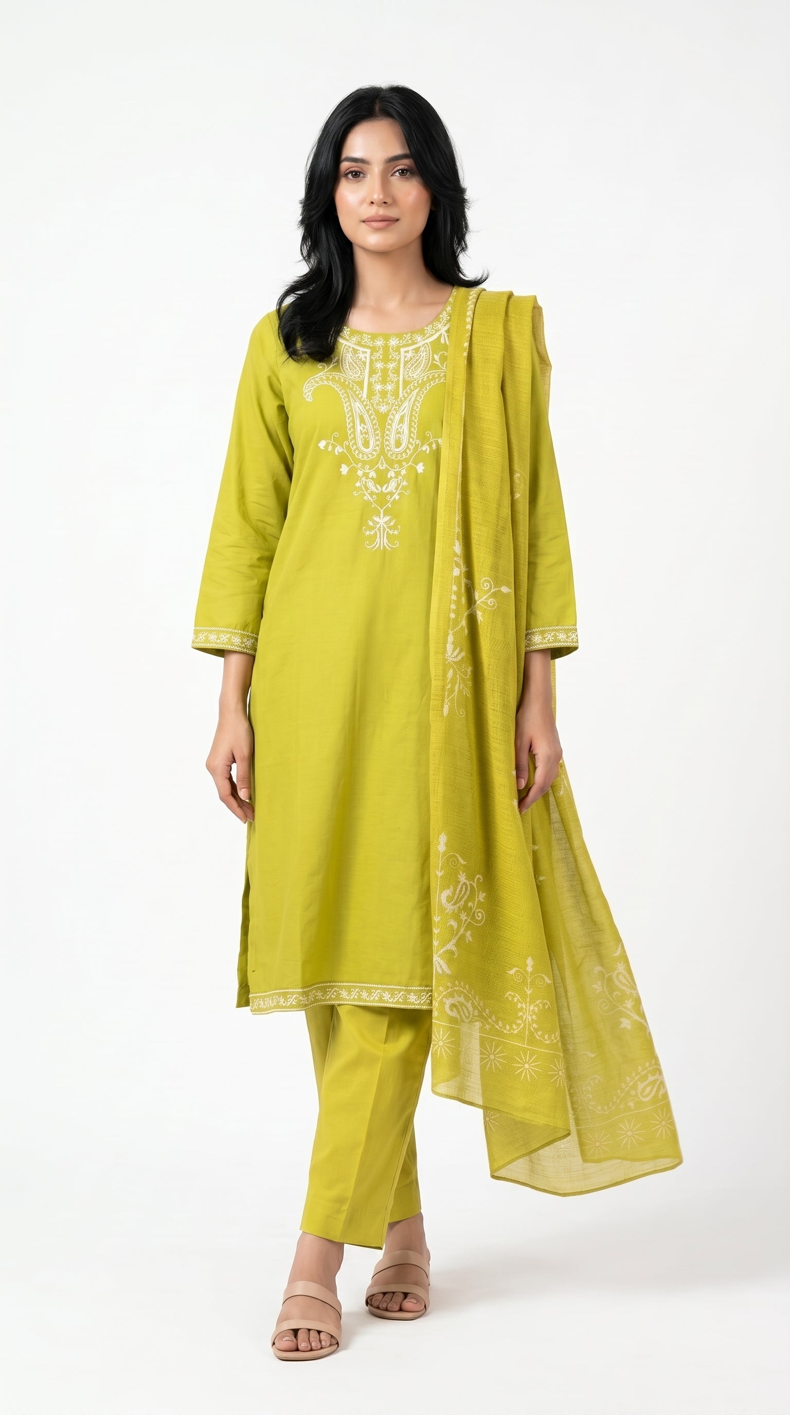 Lime Green Embroidered 3-Piece Lawn Suit with Dupatta