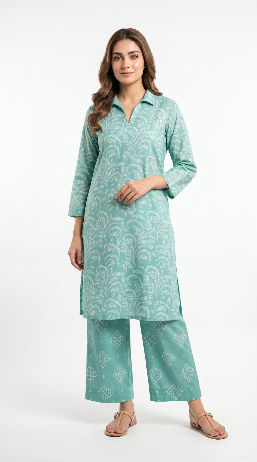 Mint Green Printed 2 Piece Suit for Women.