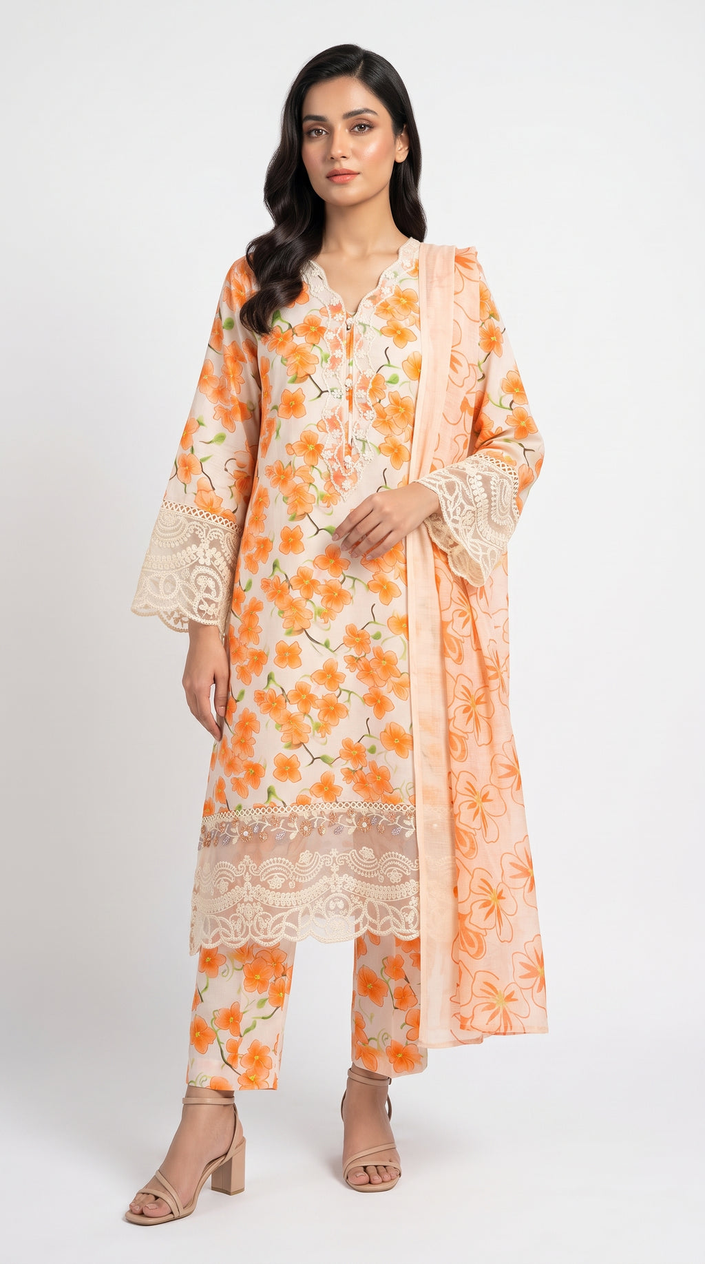 Peach Orange Floral Printed 3-Piece Suit with Lace Detailing