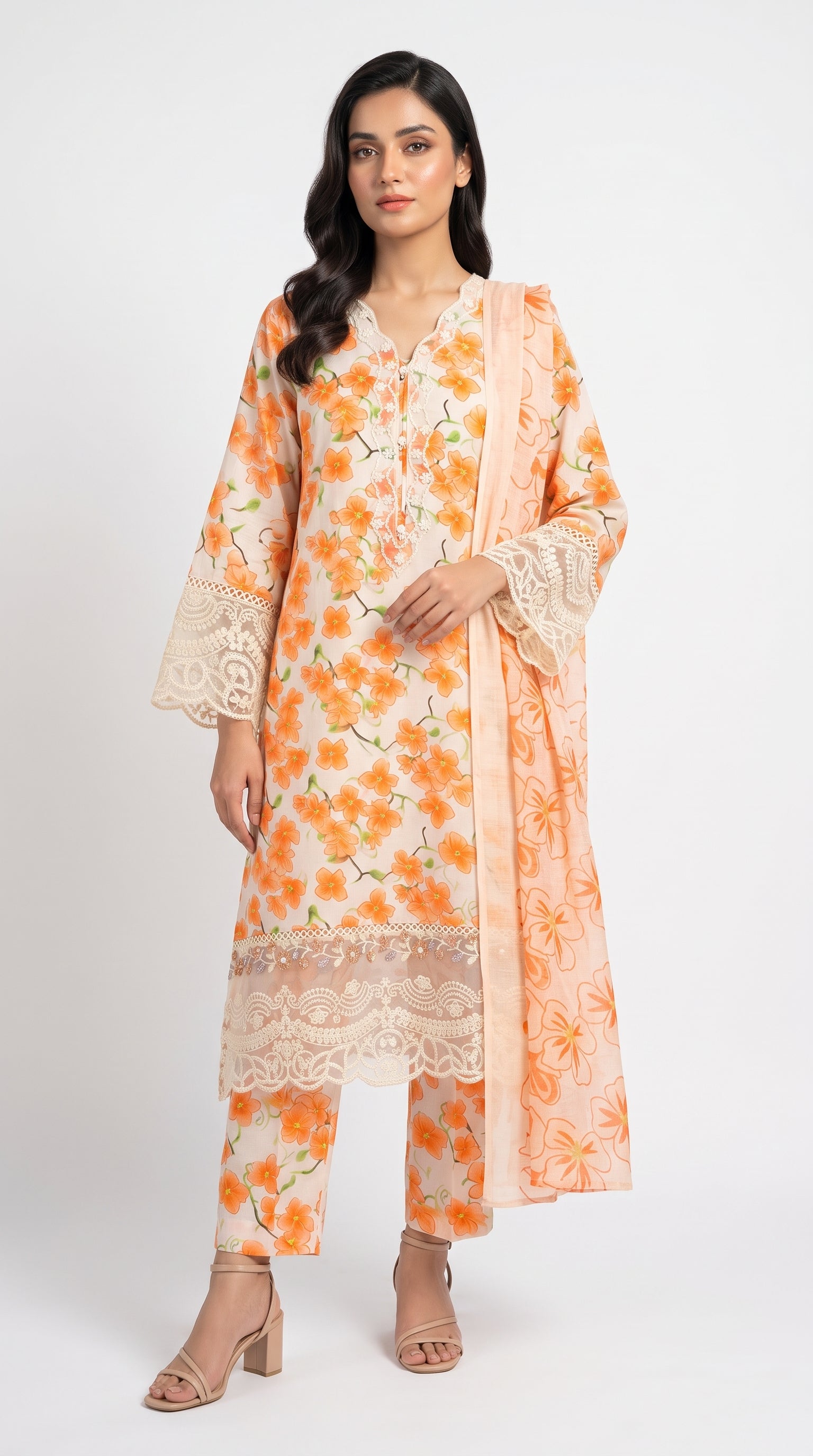 Peach Orange Floral Printed 3-Piece Suit with Lace Detailing