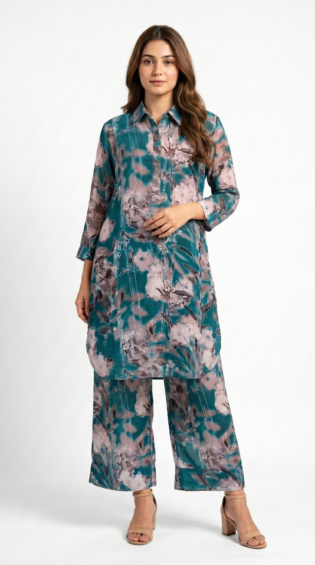 Teal Floral Printed Co-Ord Kurta Trouser Set for Women