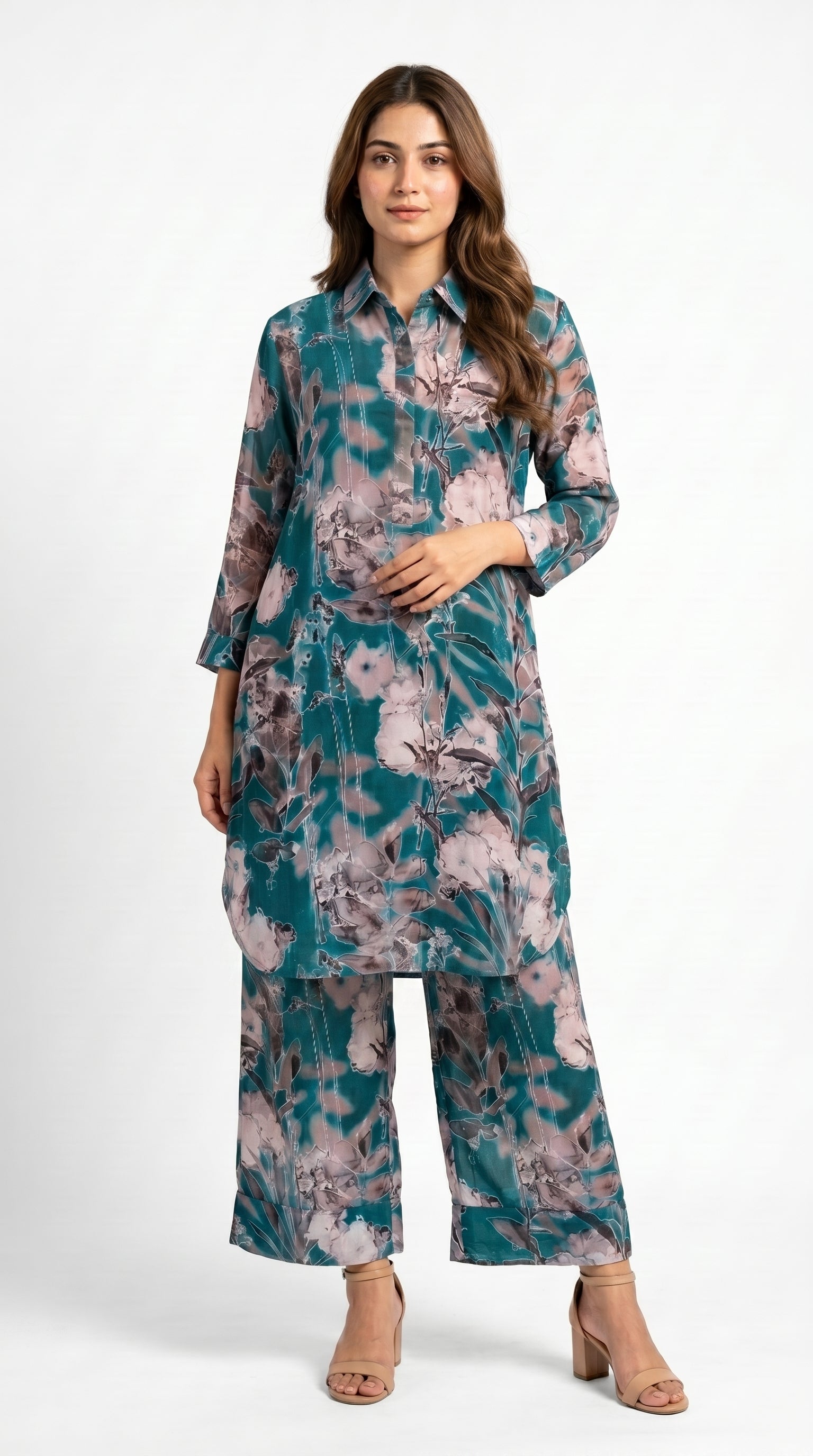 Teal Floral Printed Co-Ord Kurta Trouser Set for Women
