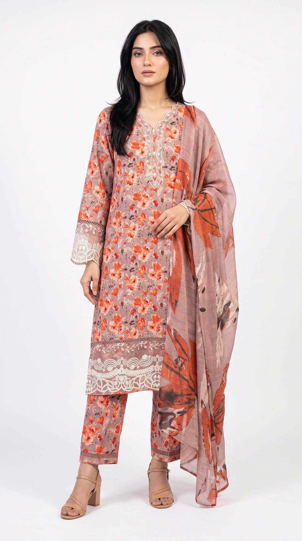 Rust Orange Floral Printed 3-Piece Suit with Embroidered Detailing