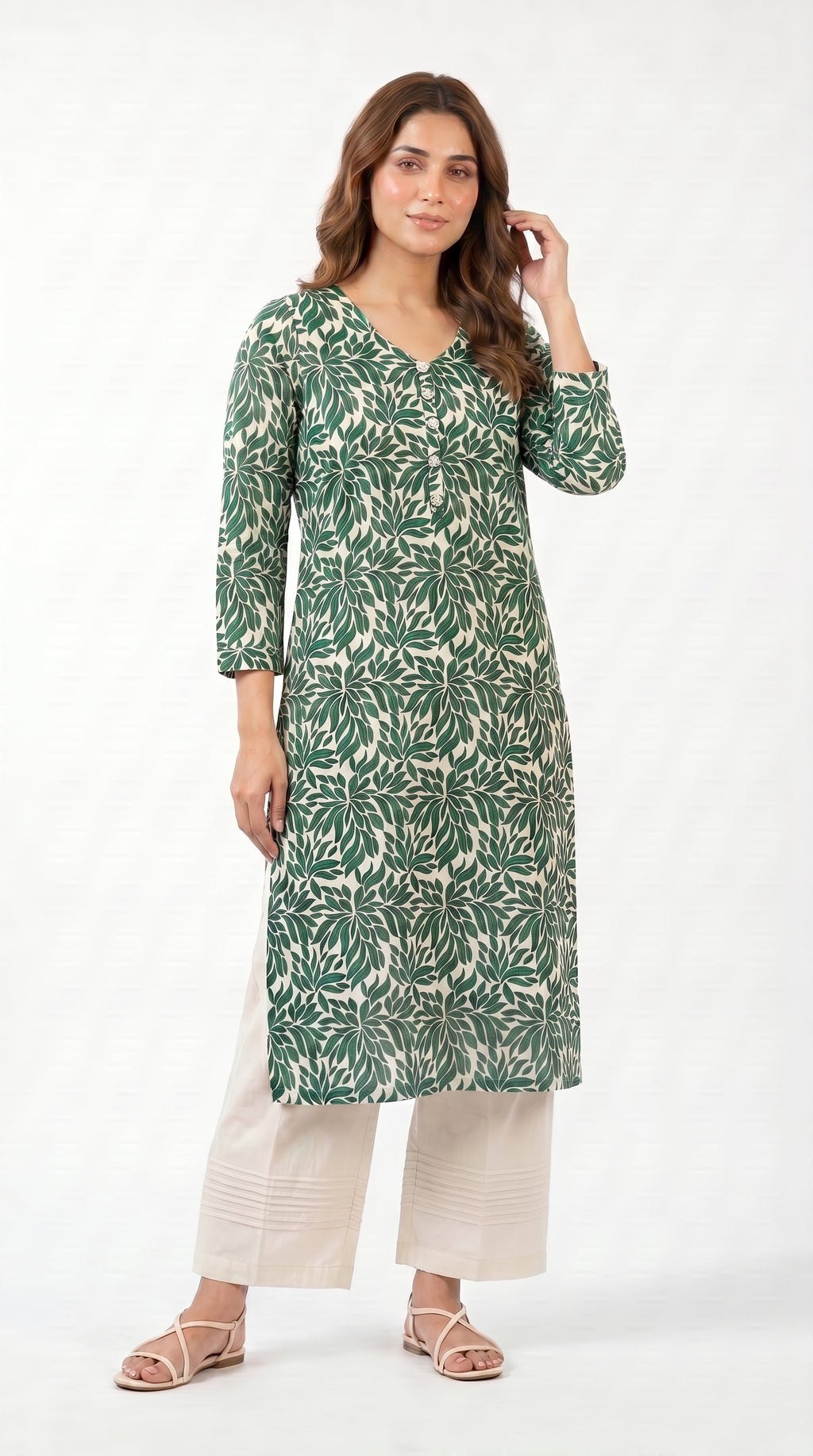 Emerald Leaf Print Kurta Trouser Set for Women