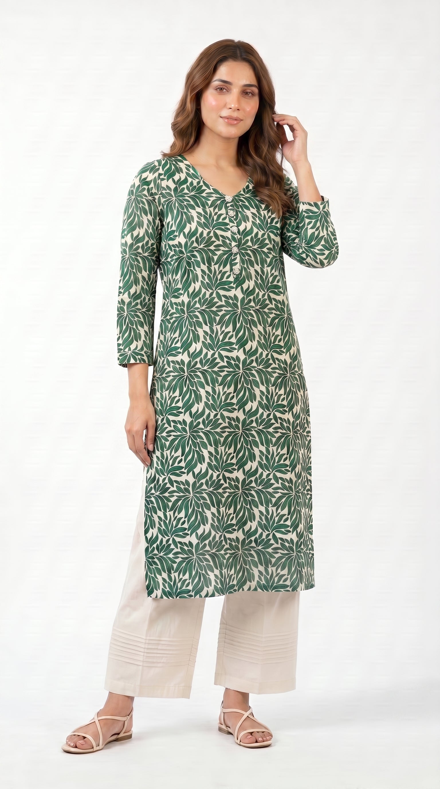 Emerald Leaf Print Kurta Trouser Set for Women