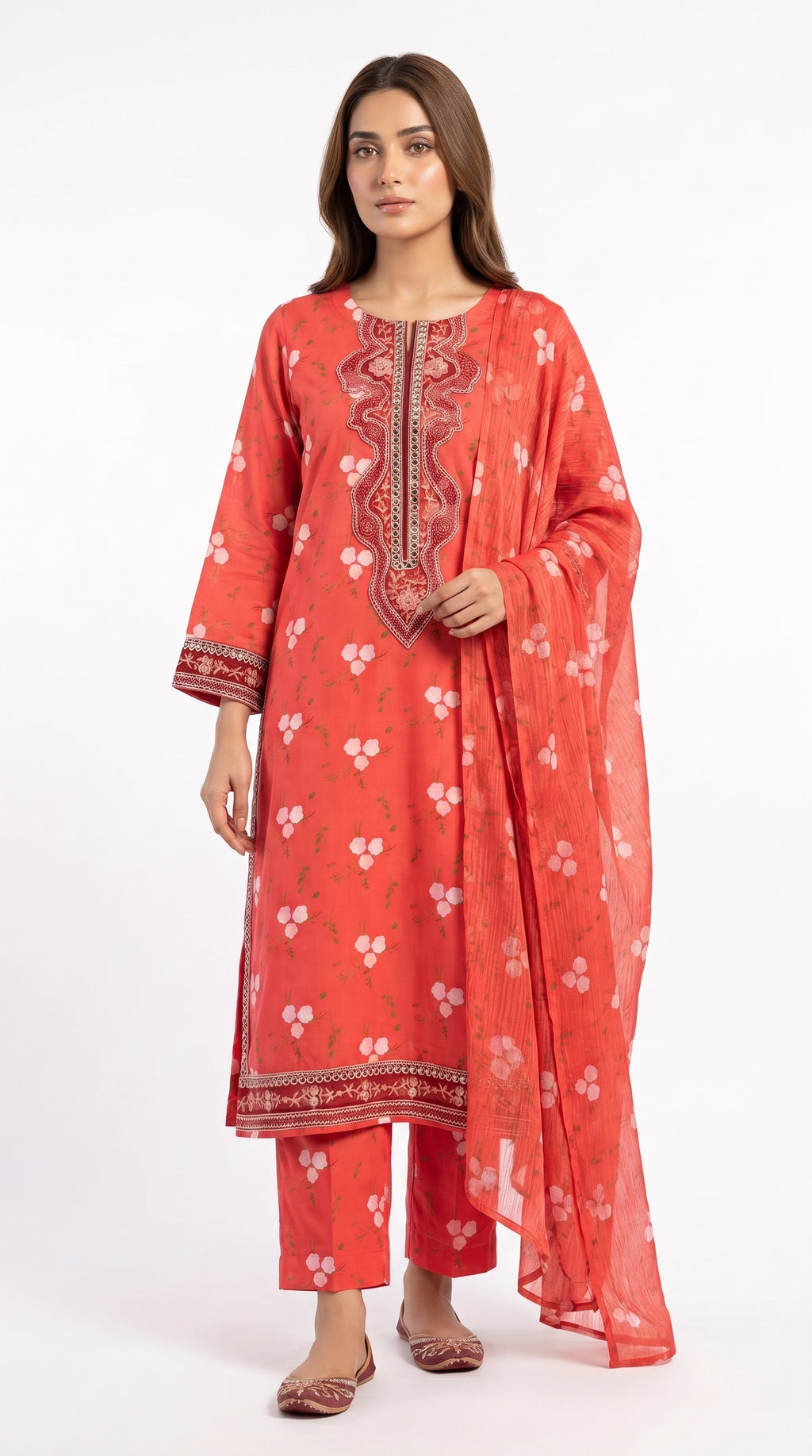 Coral Red Floral Printed 3-Piece Pakistani Suit with Embroidered Neckline