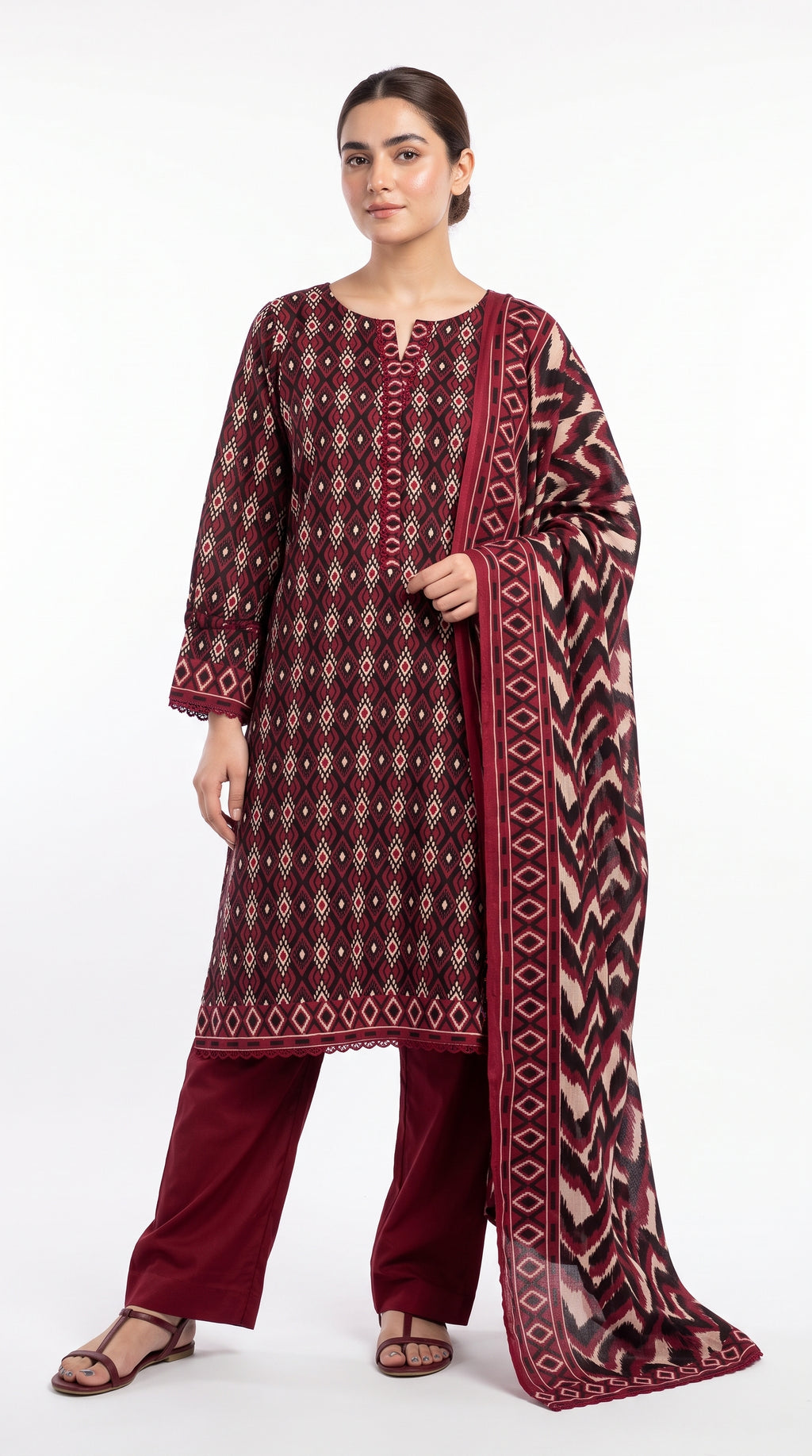 Maroon Geometric Printed 3-Piece Pakistani Suit with Printed Dupatta