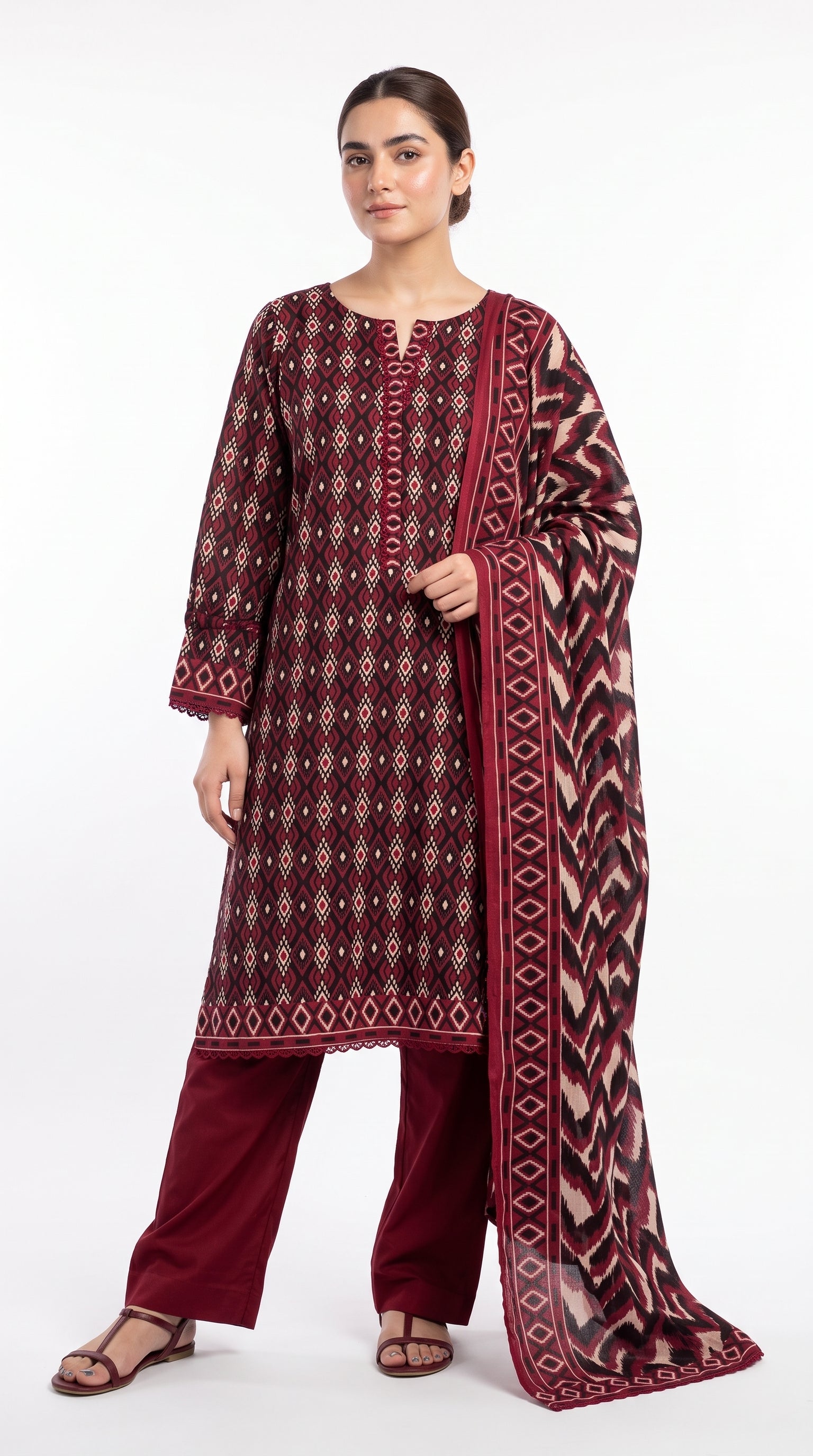 Maroon Geometric Printed 3-Piece Pakistani Suit with Printed Dupatta