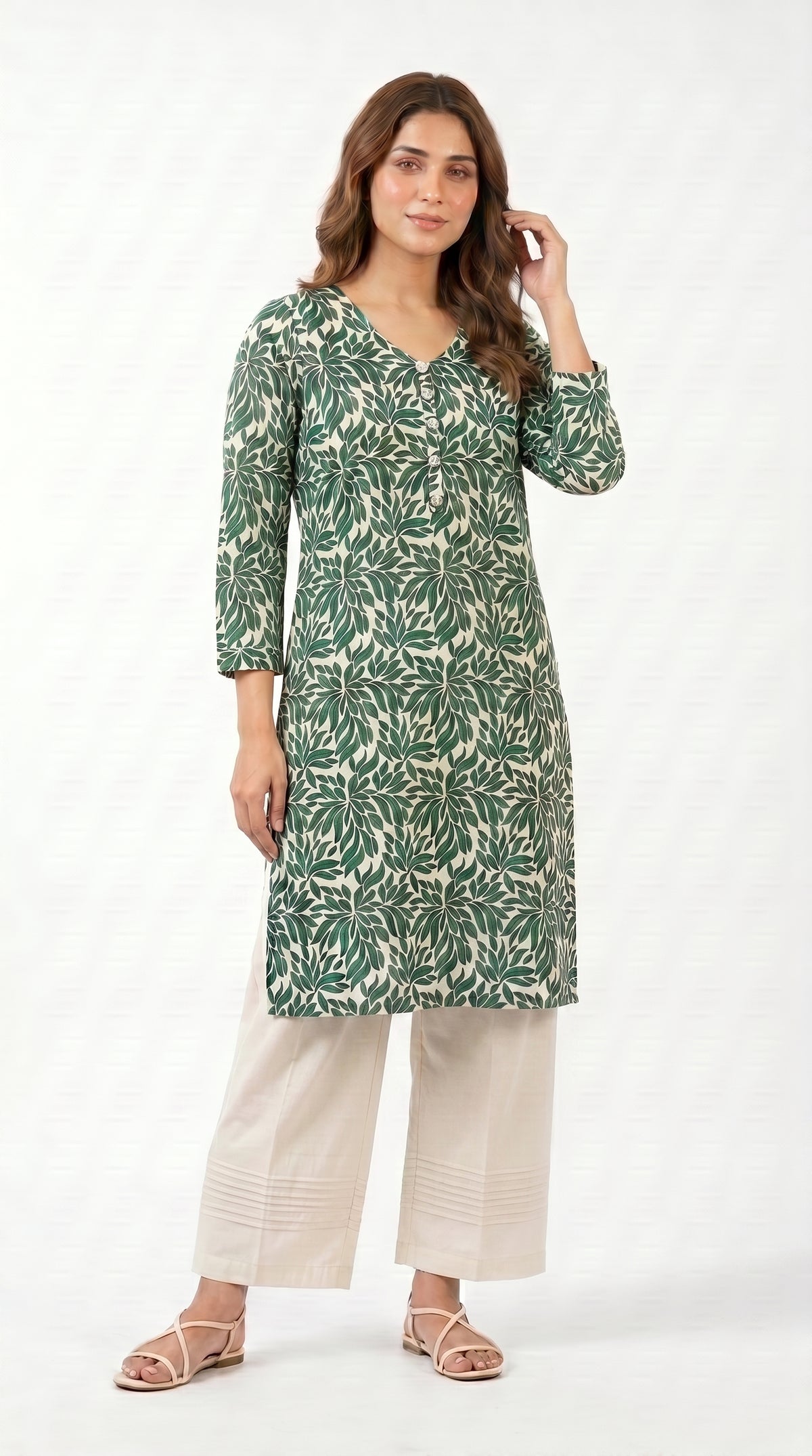 Emerald Leaf Print Kurta Trouser Set for Women