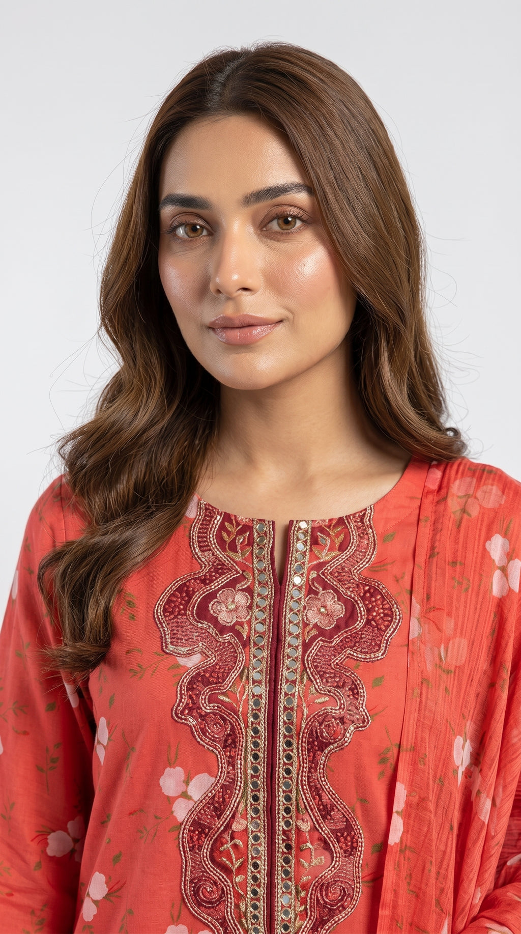 Coral Red Floral Printed 3-Piece Pakistani Suit with Embroidered Neckline