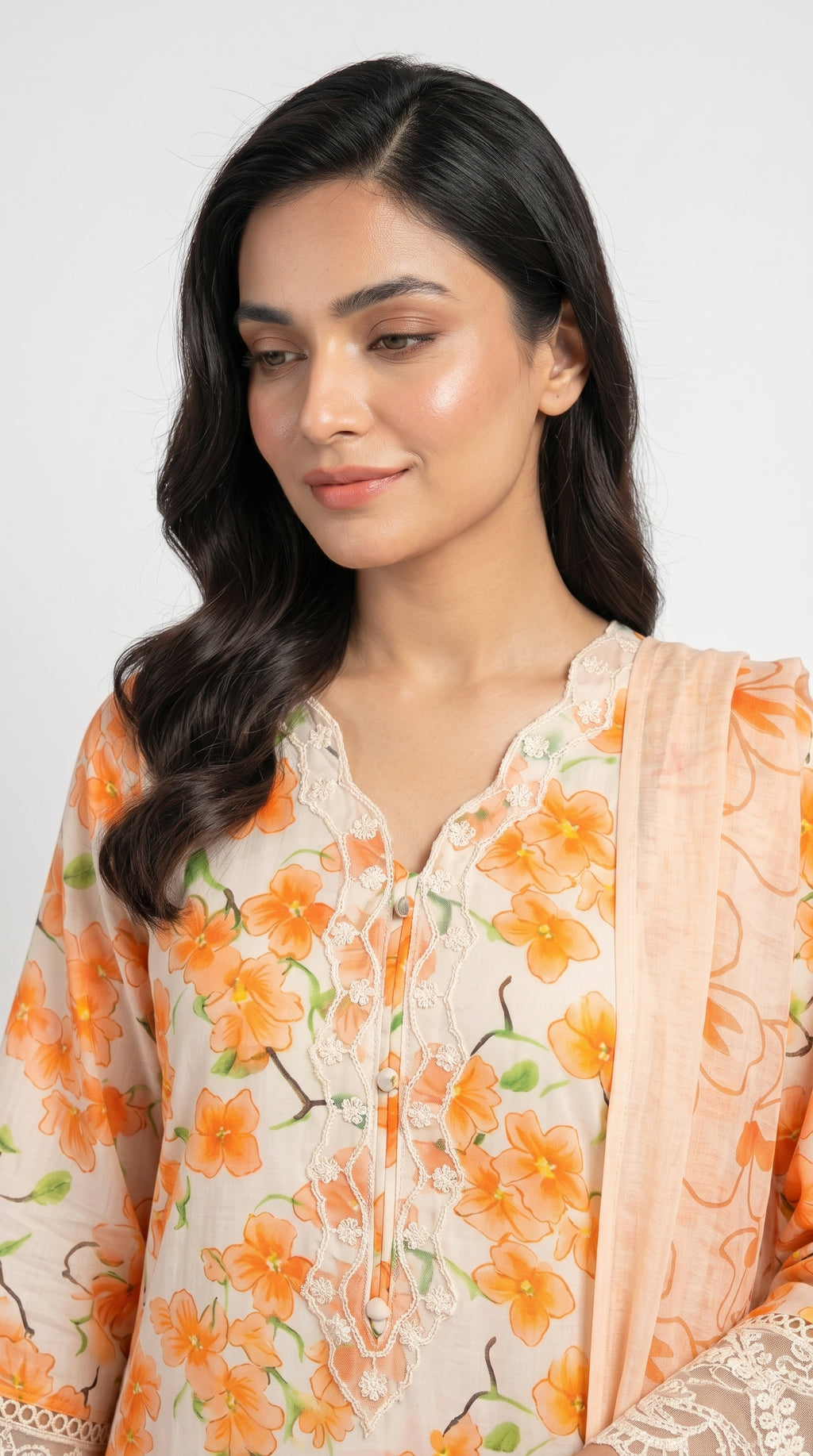 Peach Orange Floral Printed 3-Piece Suit with Lace Detailing