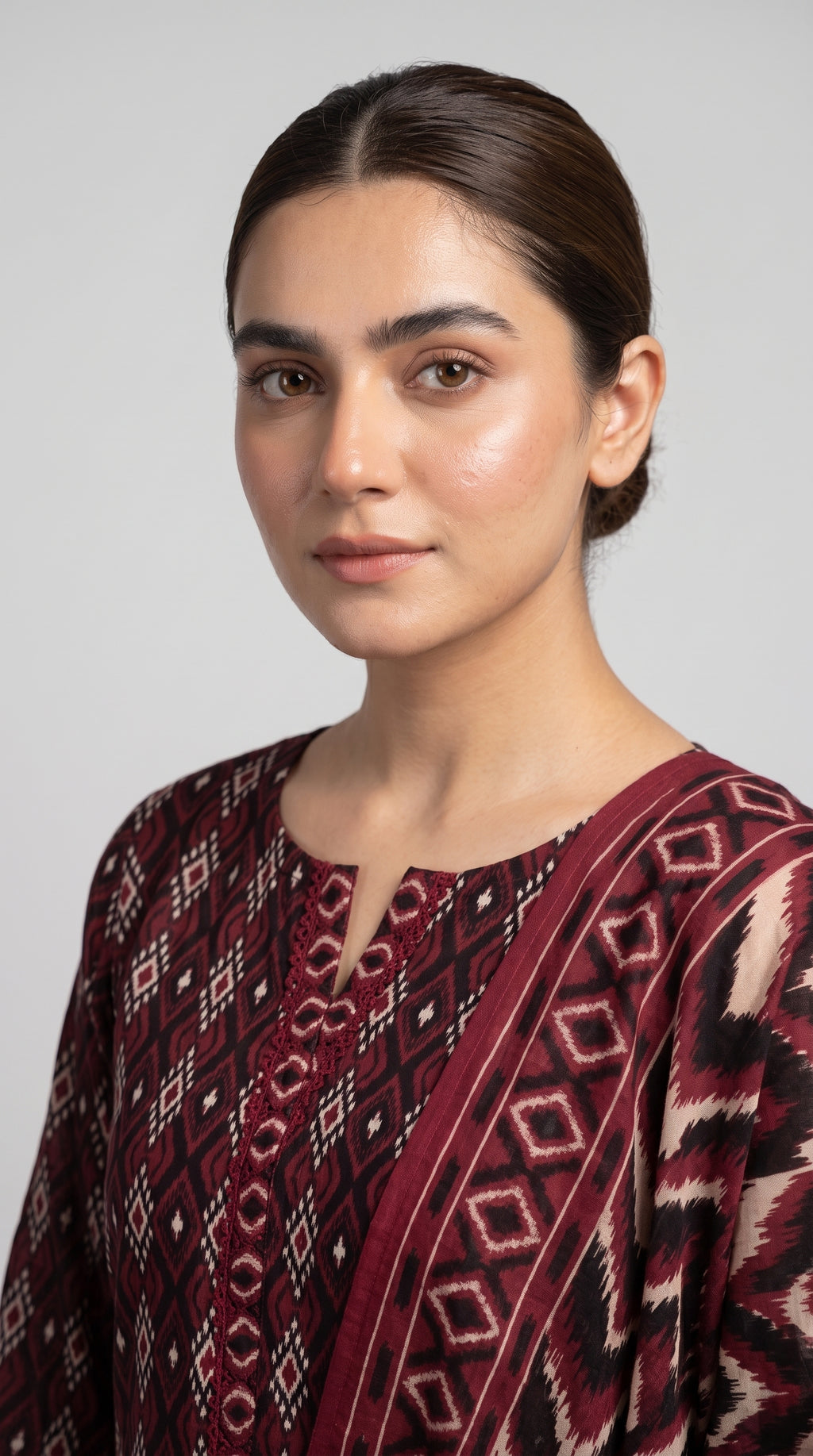 Maroon Geometric Printed 3-Piece Pakistani Suit with Printed Dupatta