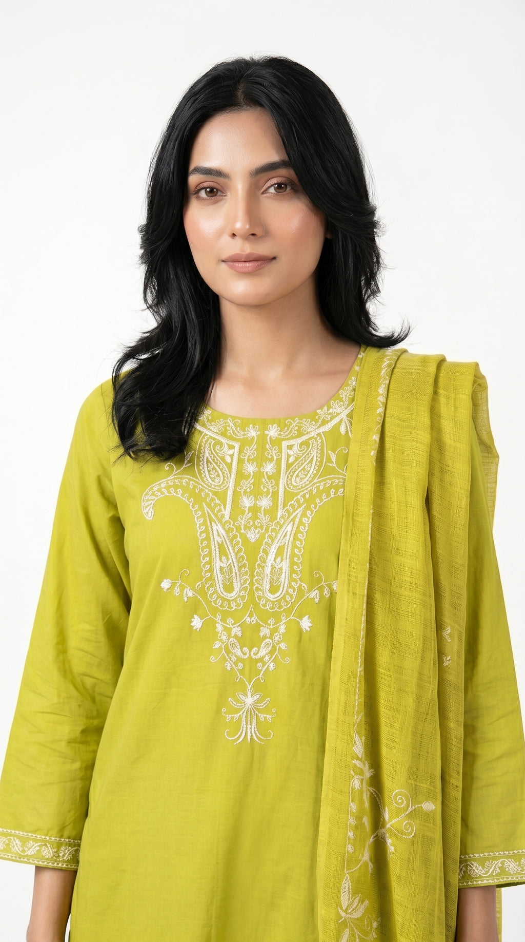 Lime Green Embroidered 3-Piece Lawn Suit with Dupatta
