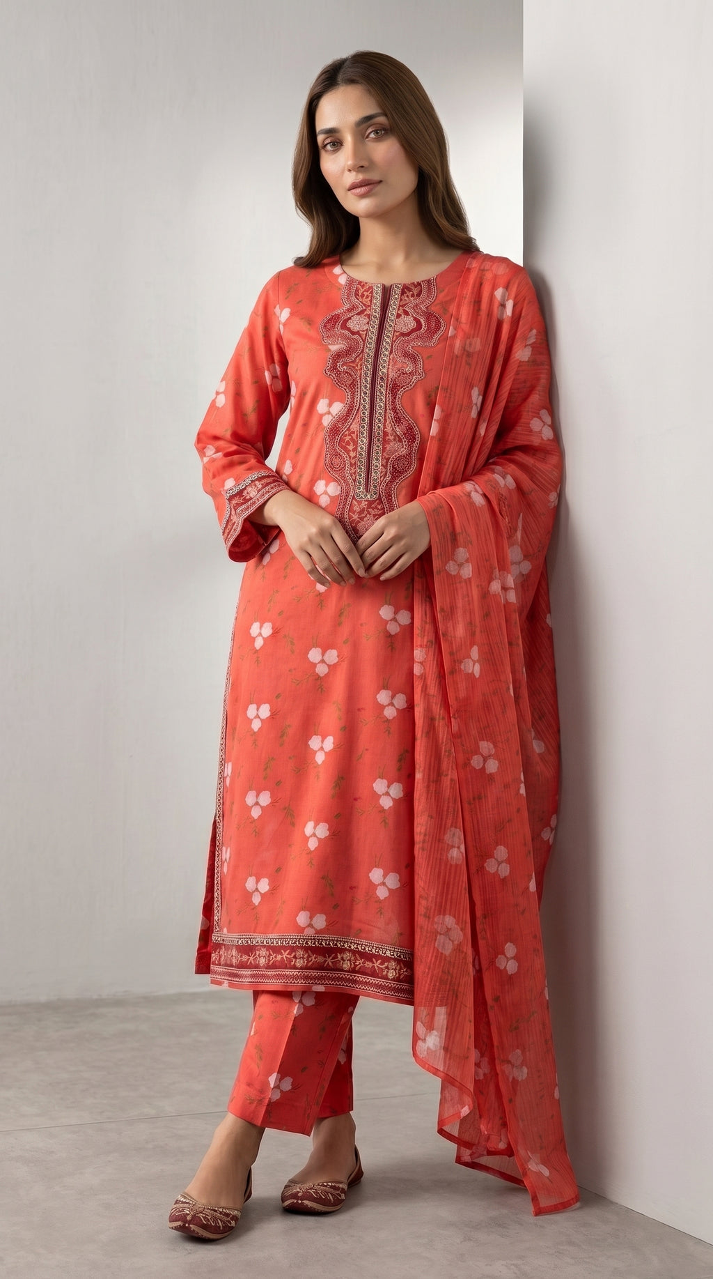 Coral Red Floral Printed 3-Piece Pakistani Suit with Embroidered Neckline
