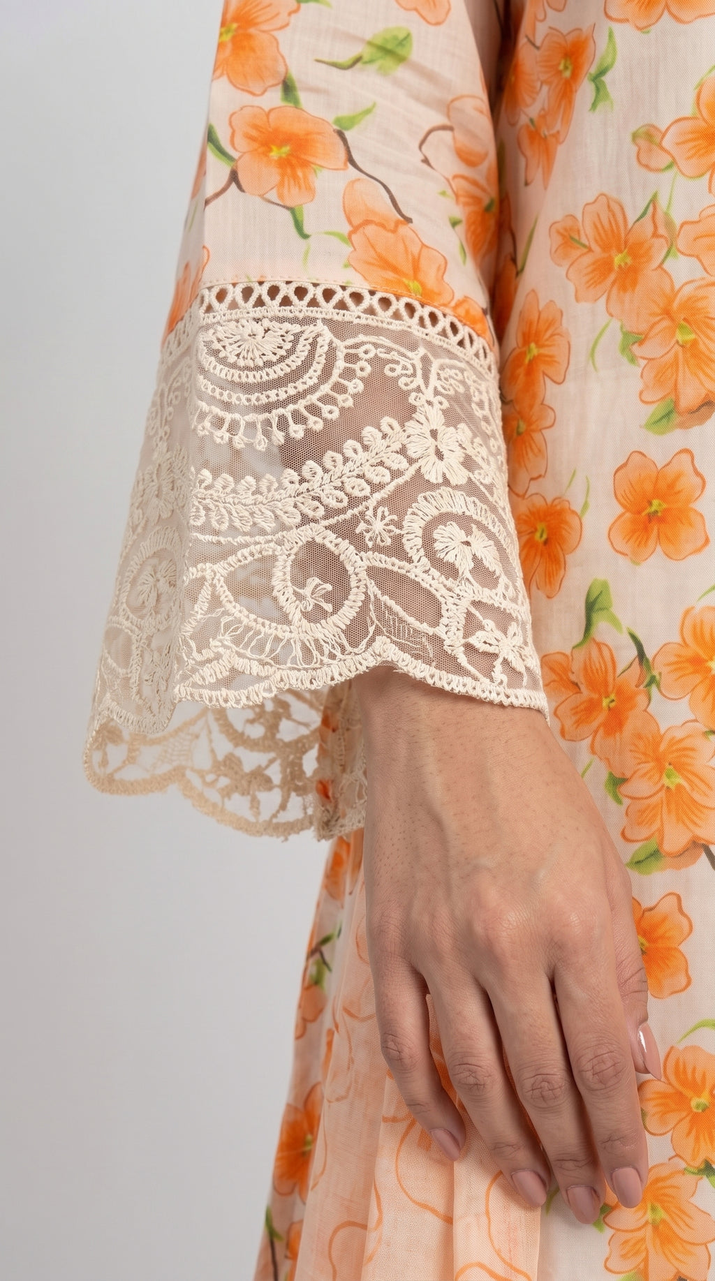 Peach Orange Floral Printed 3-Piece Suit with Lace Detailing