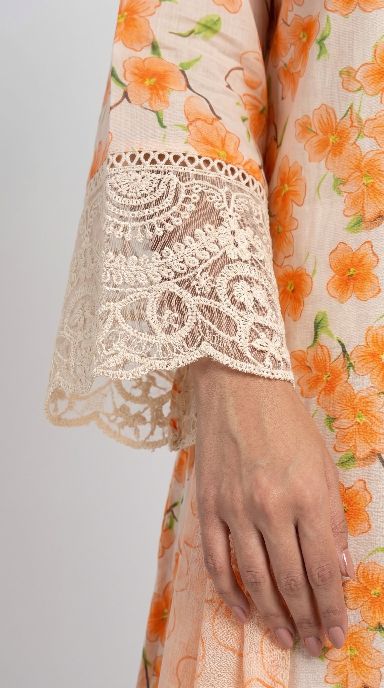 Peach Orange Floral Printed 3-Piece Suit with Lace Detailing
