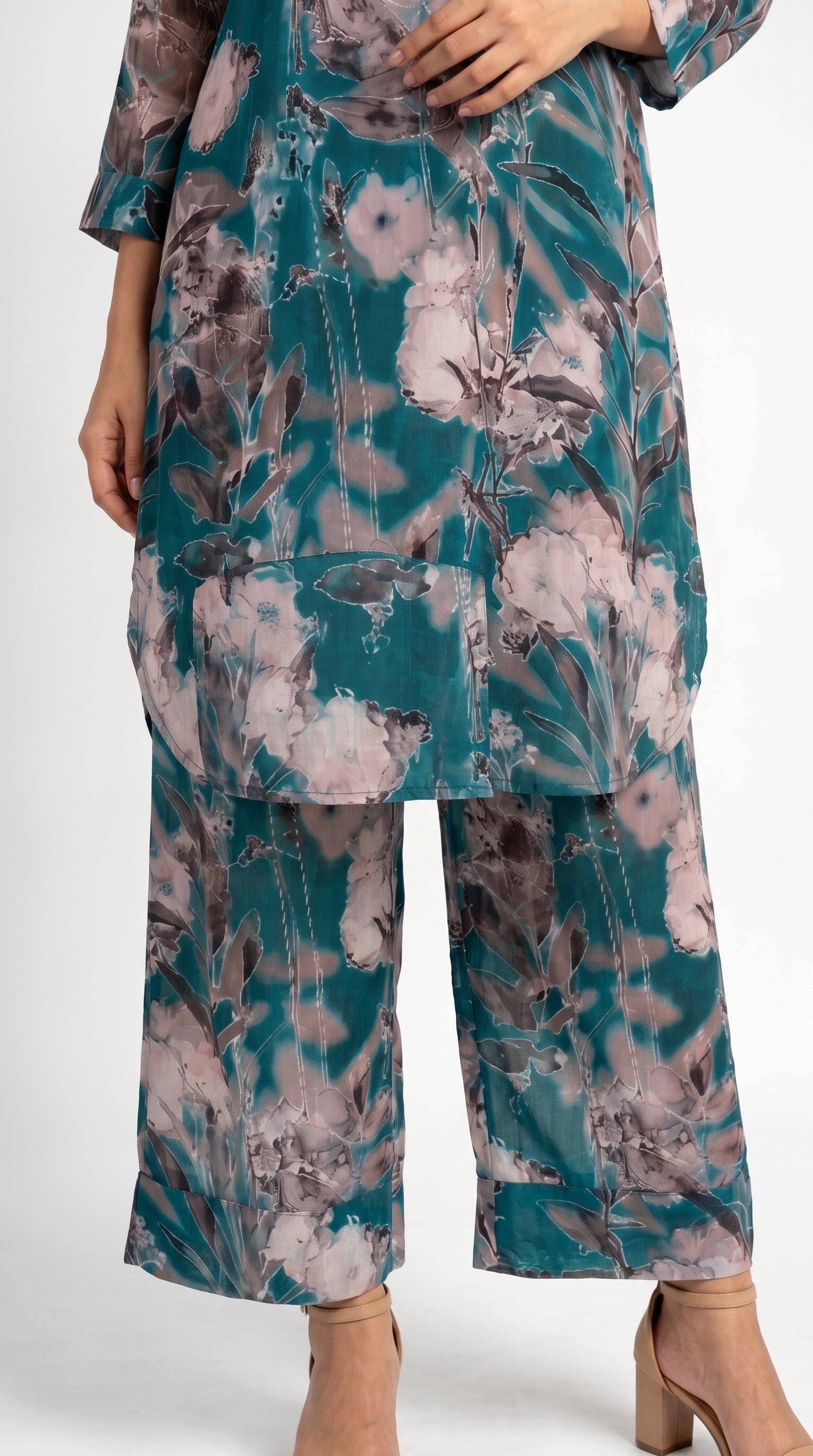 Teal Floral Printed Co-Ord Kurta Trouser Set for Women