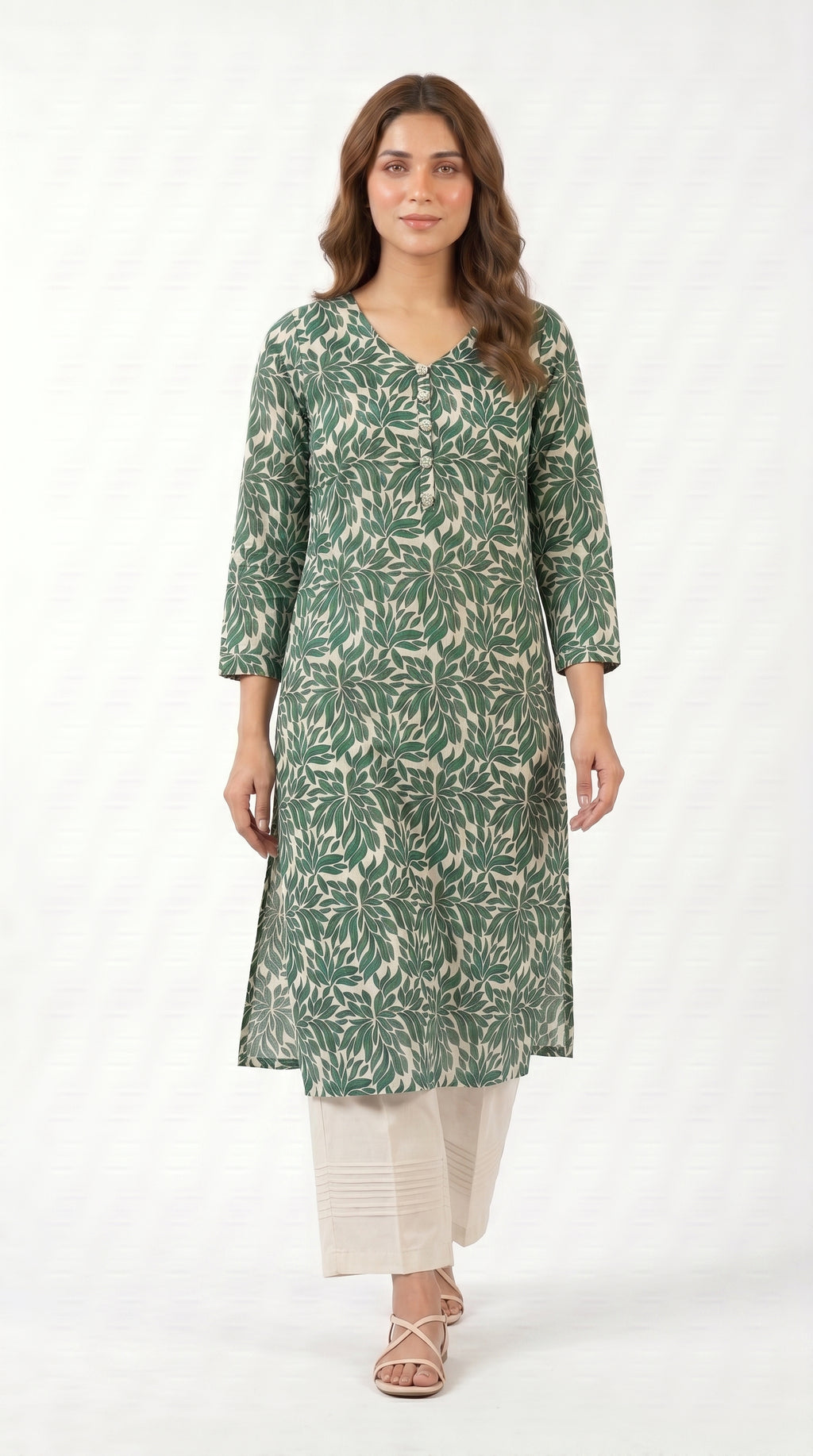 Emerald Leaf Print Kurta Trouser Set for Women