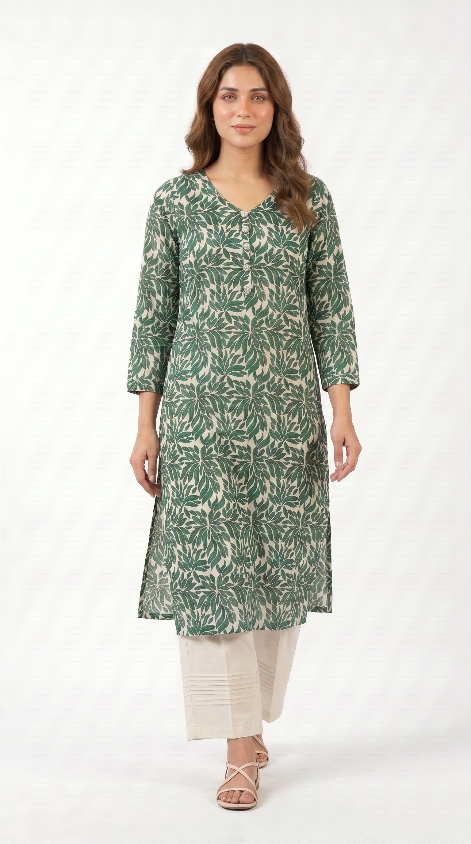 Emerald Leaf Print Kurta Trouser Set for Women