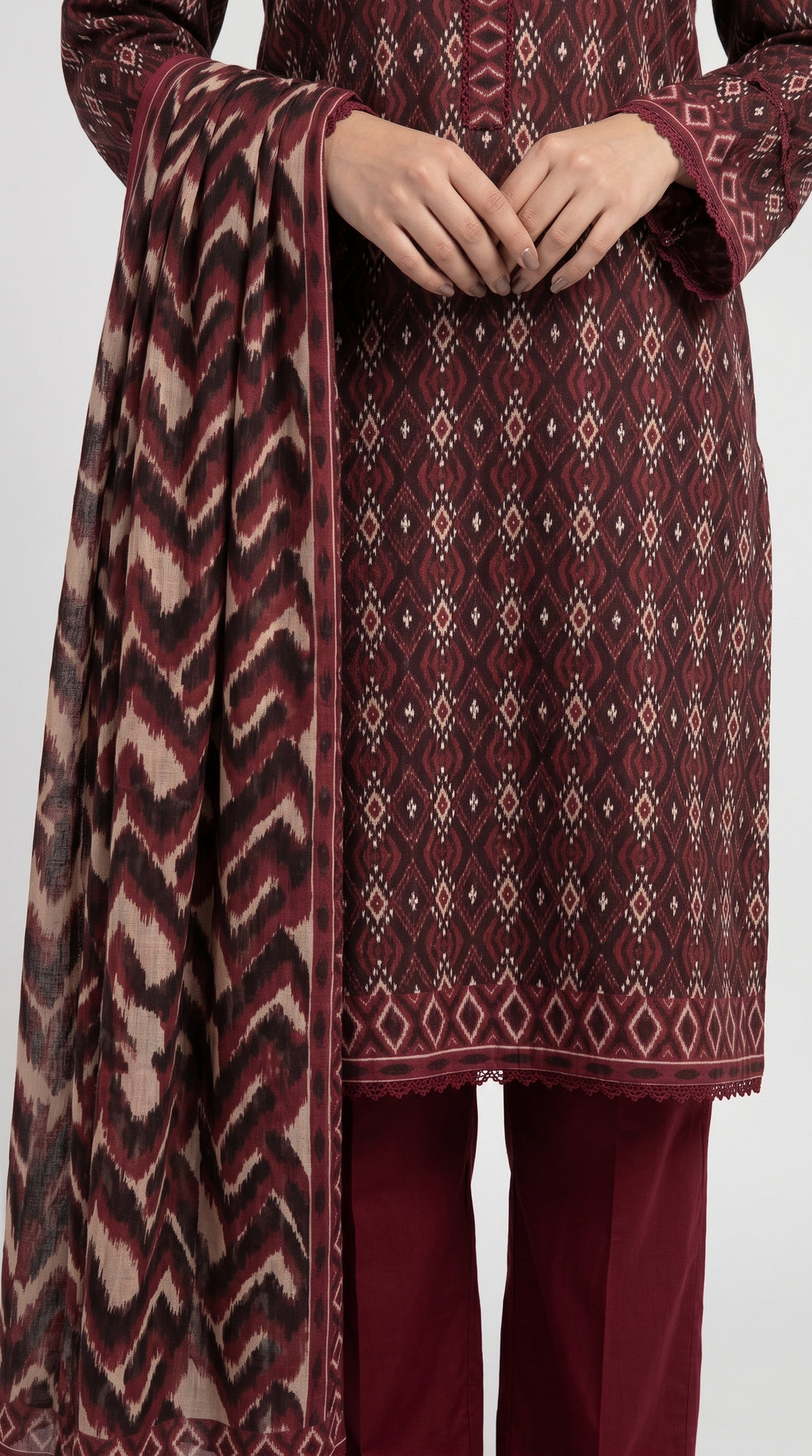 Maroon Geometric Printed 3-Piece Pakistani Suit with Printed Dupatta