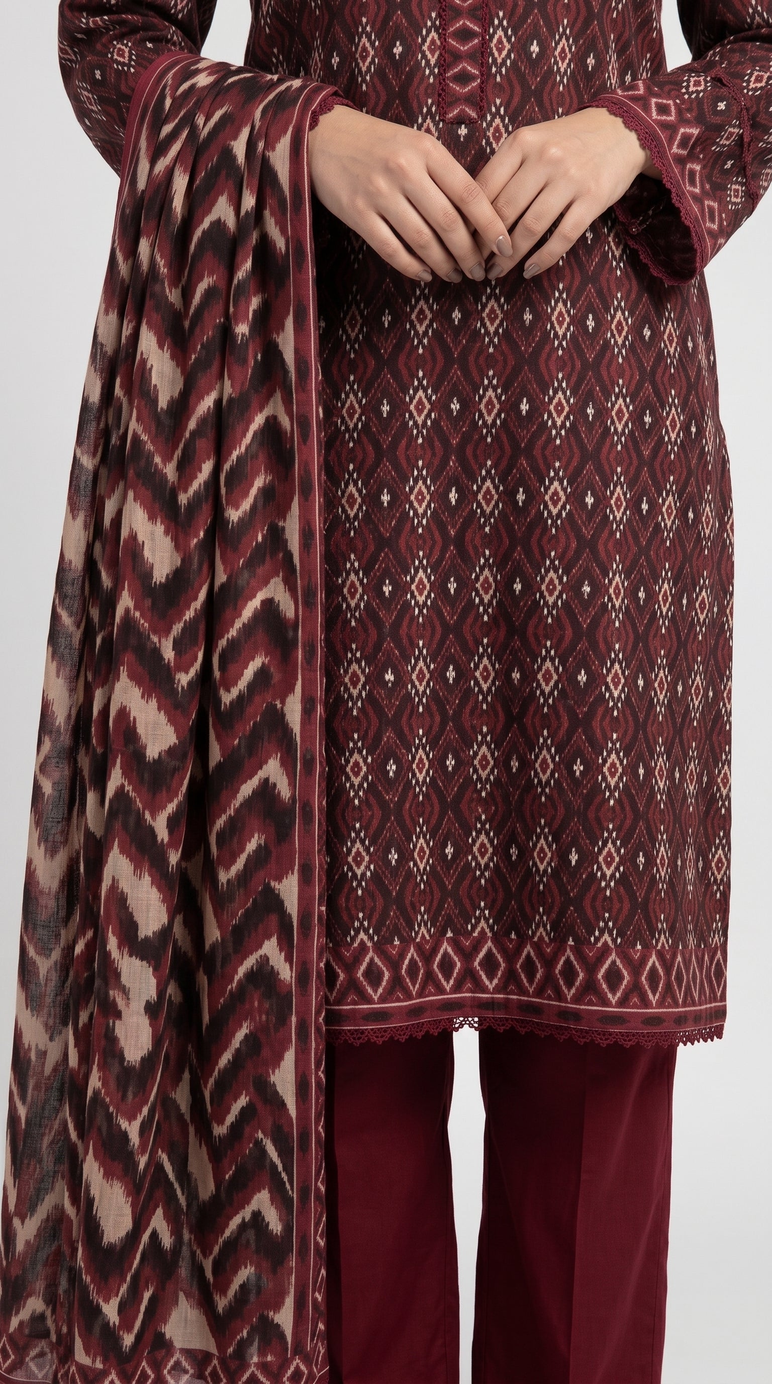 Maroon Geometric Printed 3-Piece Pakistani Suit with Printed Dupatta