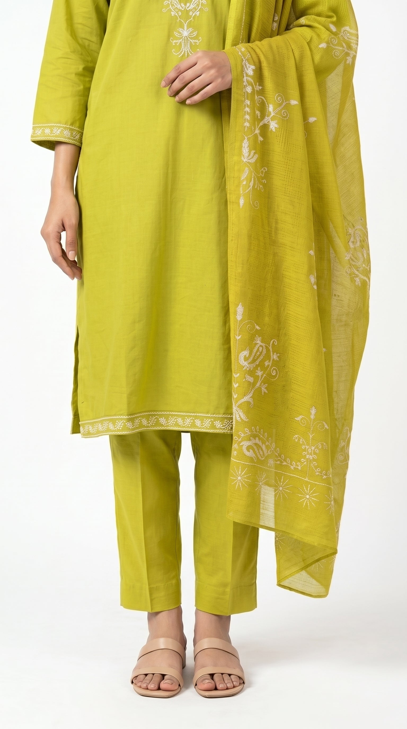 Lime Green Embroidered 3-Piece Lawn Suit with Dupatta