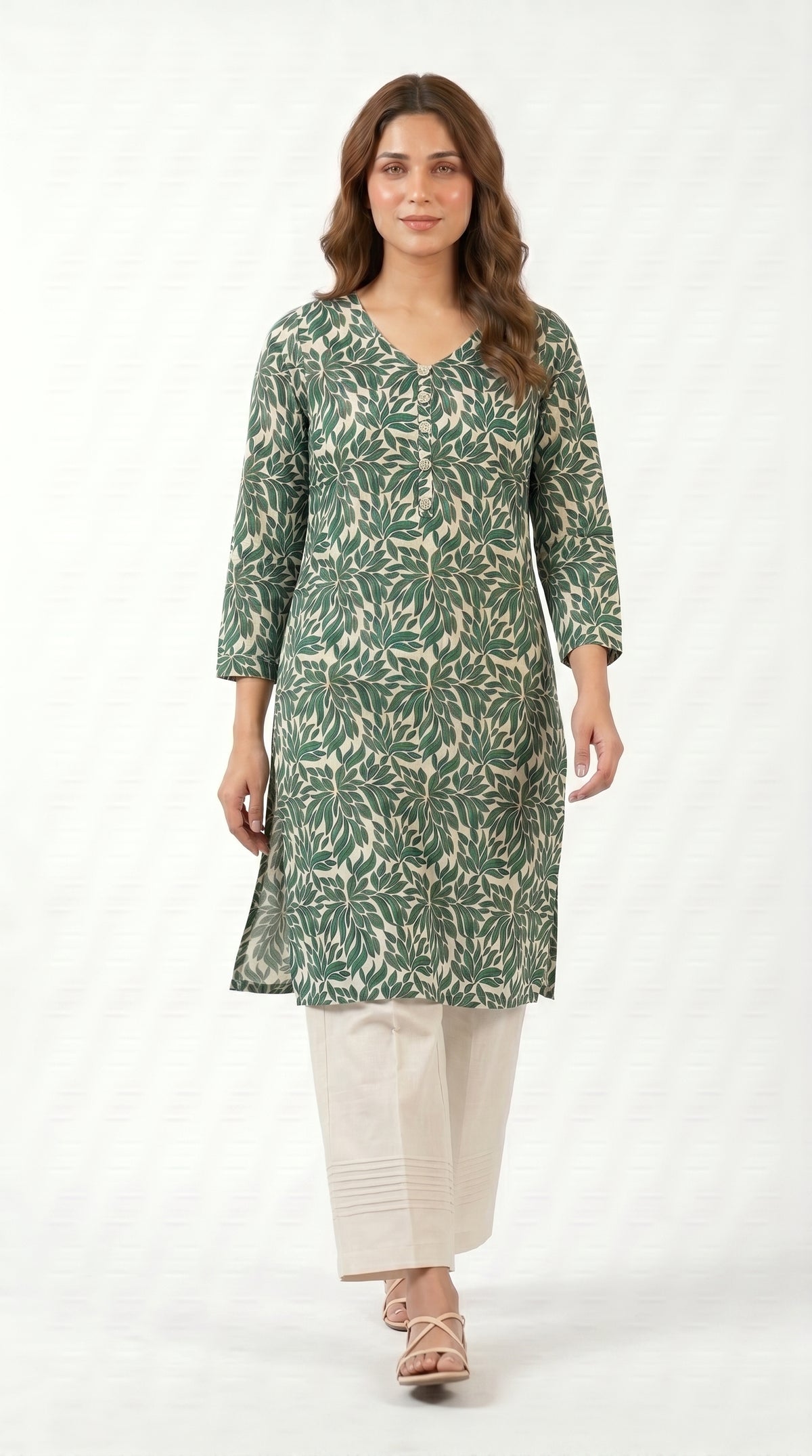 Emerald Leaf Print Kurta Trouser Set for Women
