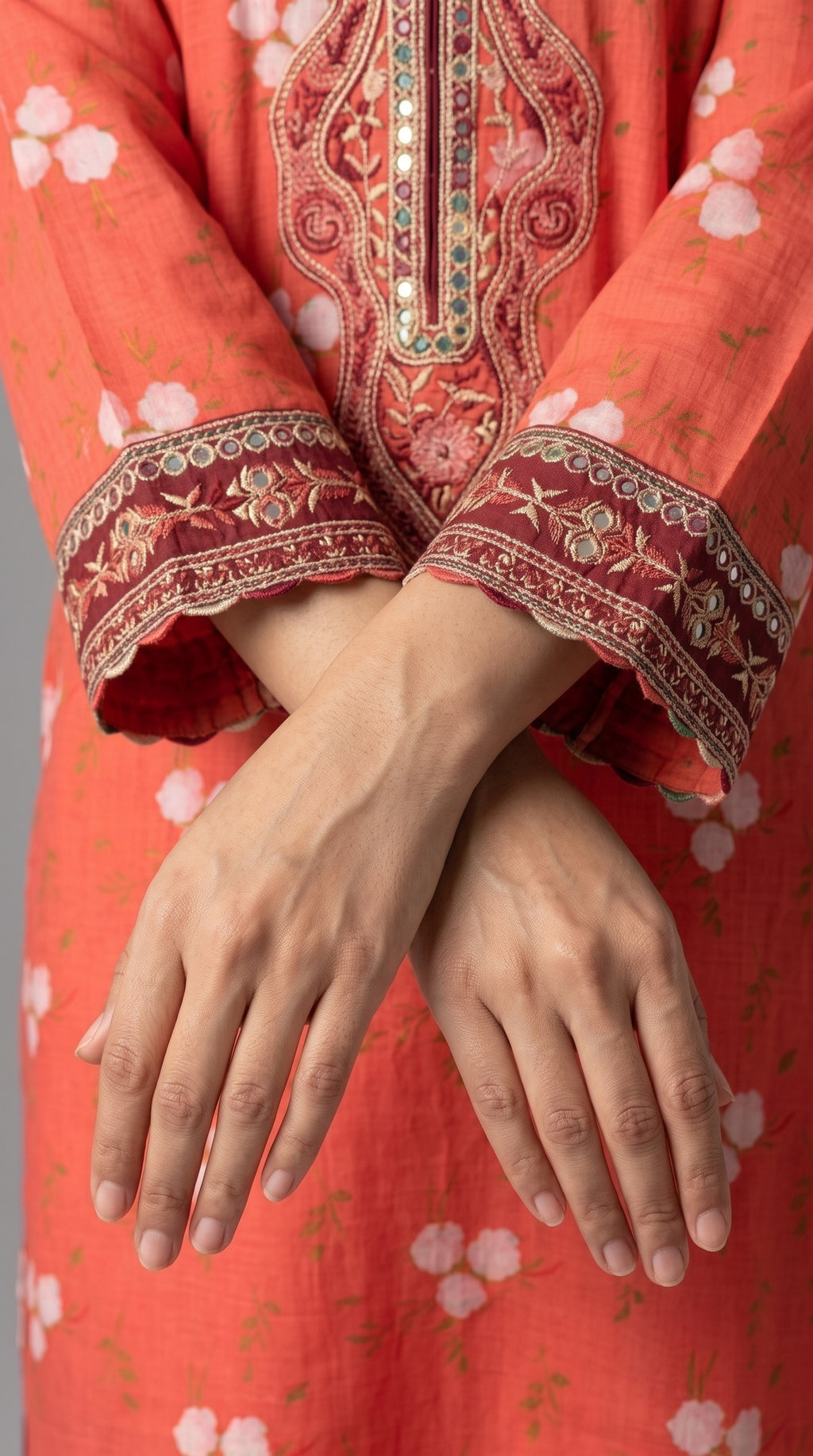 Coral Red Floral Printed 3-Piece Pakistani Suit with Embroidered Neckline
