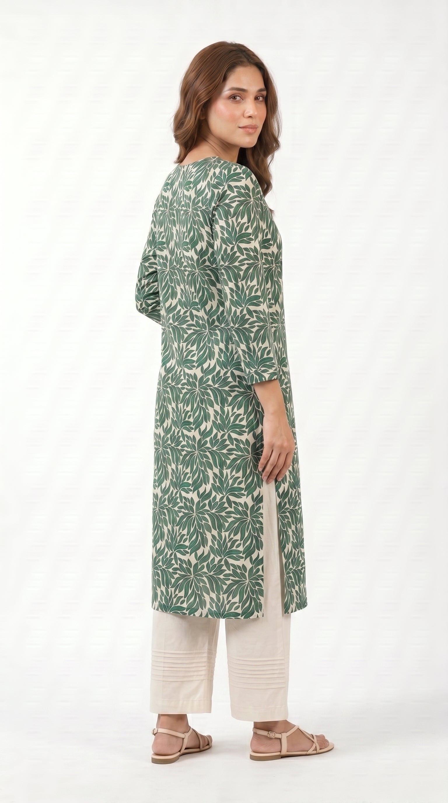 Emerald Leaf Print Kurta Trouser Set for Women