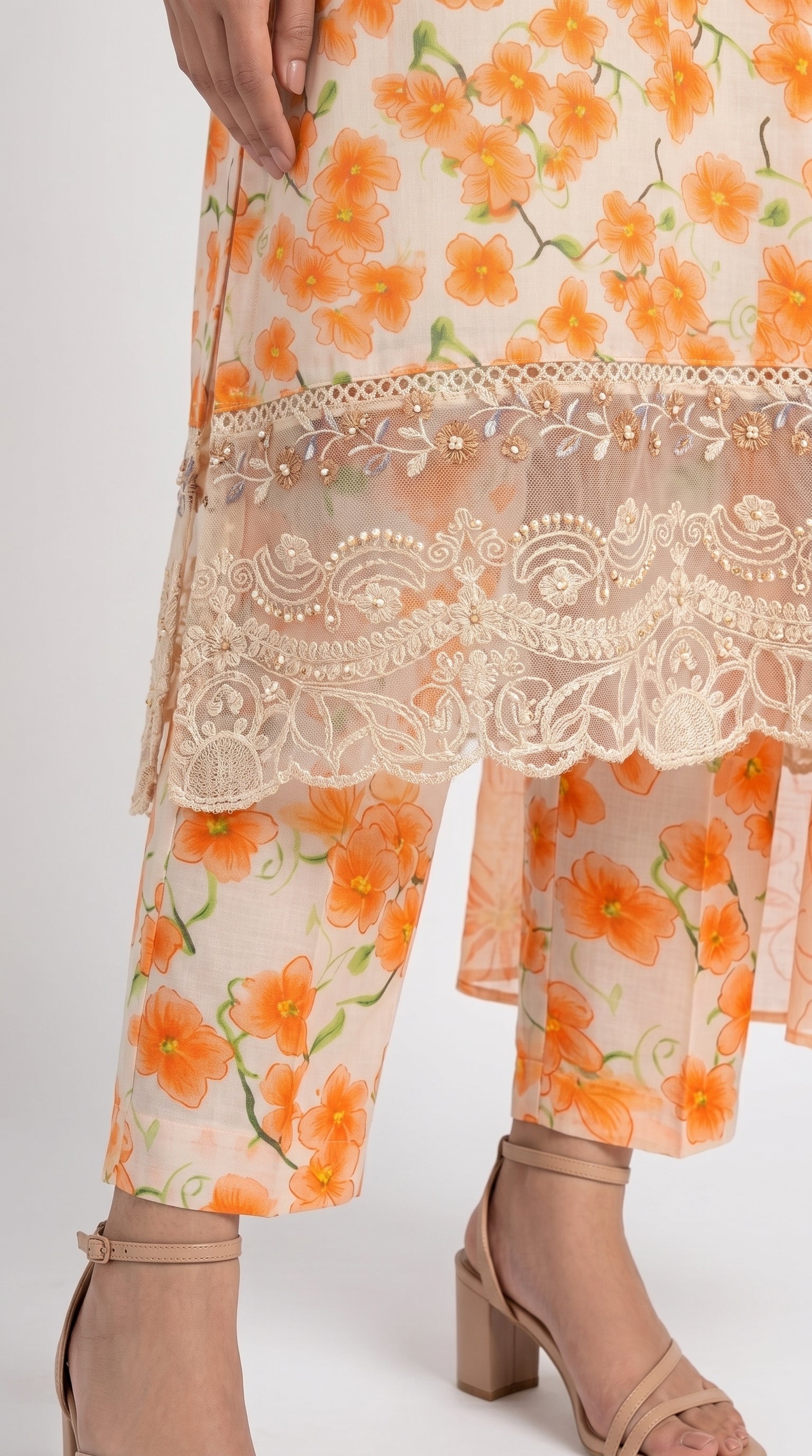 Peach Orange Floral Printed 3-Piece Suit with Lace Detailing