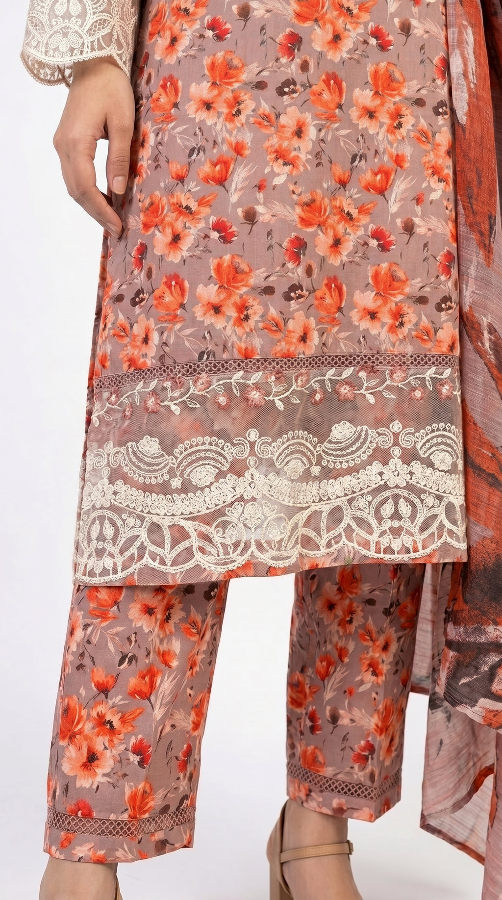 Rust Orange Floral Printed 3-Piece Suit with Embroidered Detailing