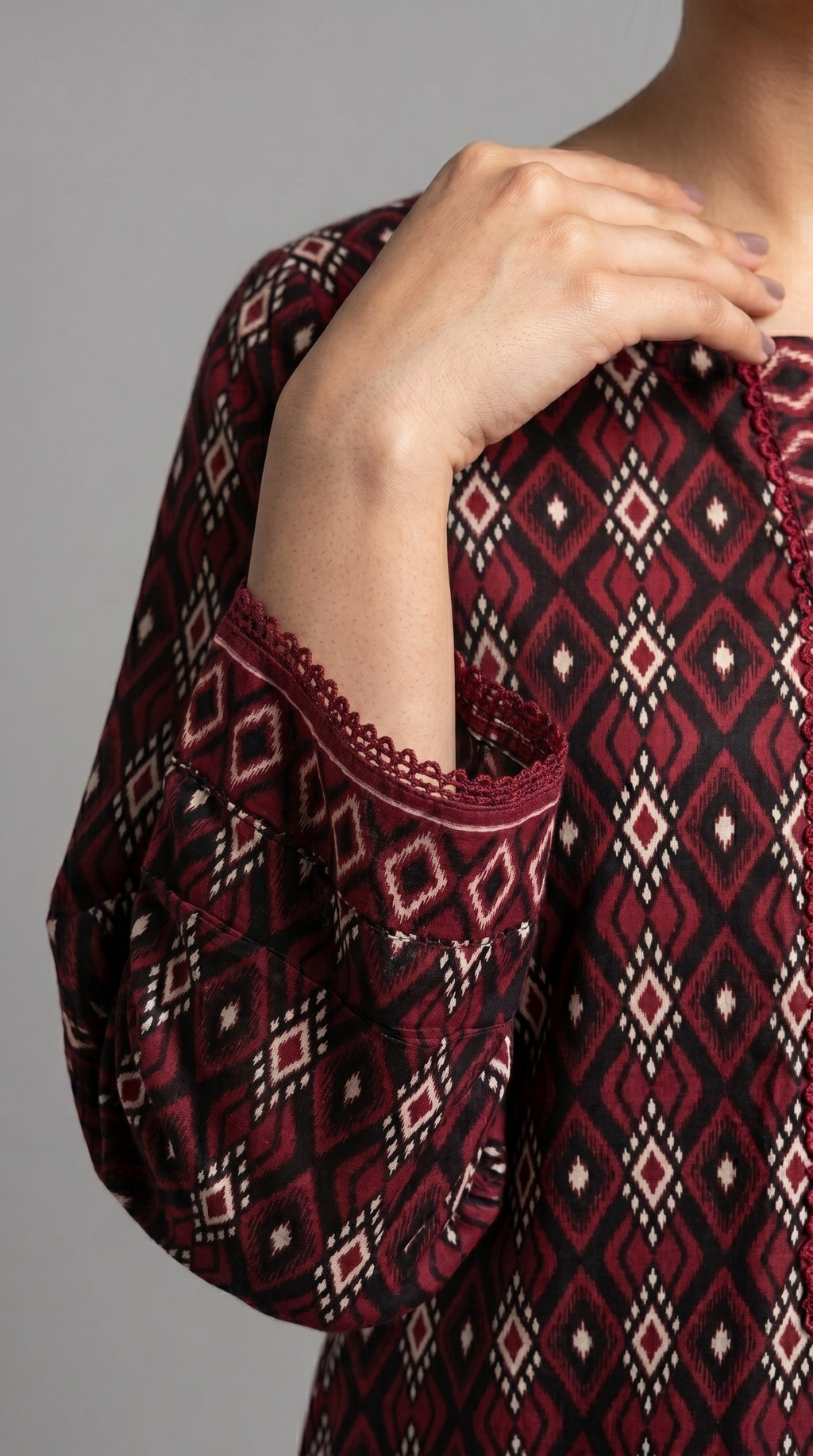 Maroon Geometric Printed 3-Piece Pakistani Suit with Printed Dupatta