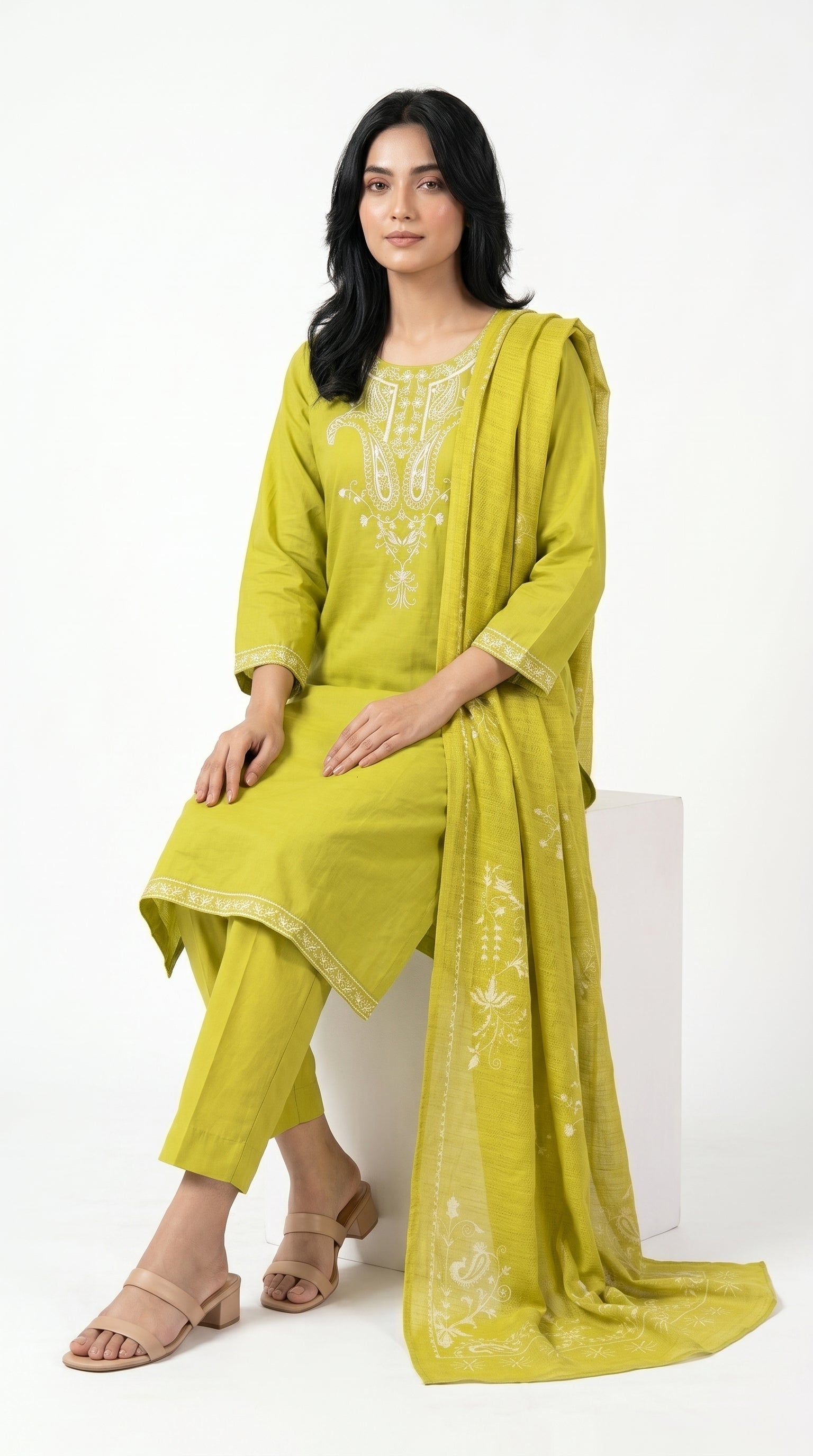 Lime Green Embroidered 3-Piece Lawn Suit with Dupatta