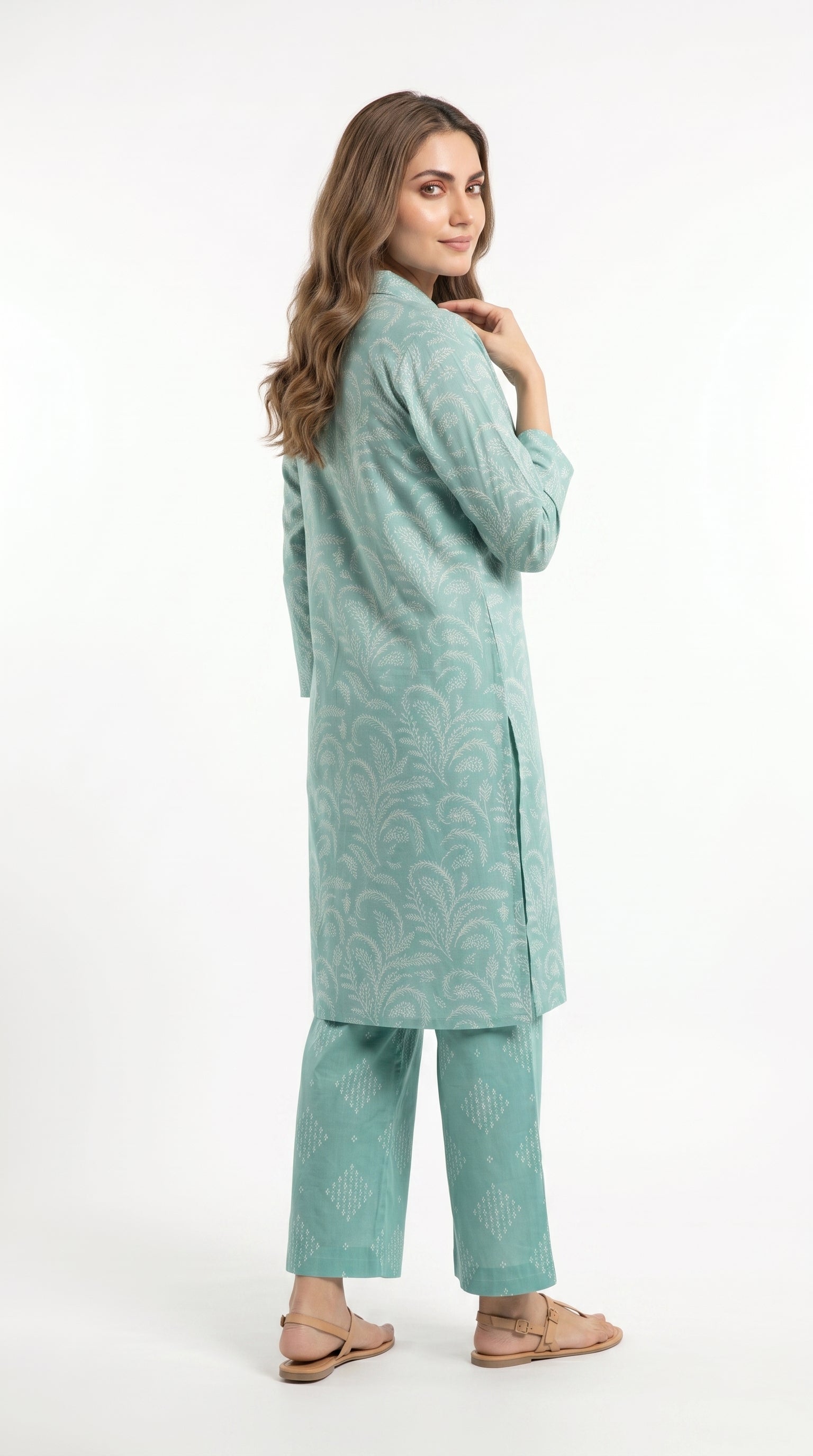 Mint Green Printed 2 Piece Suit for Women.