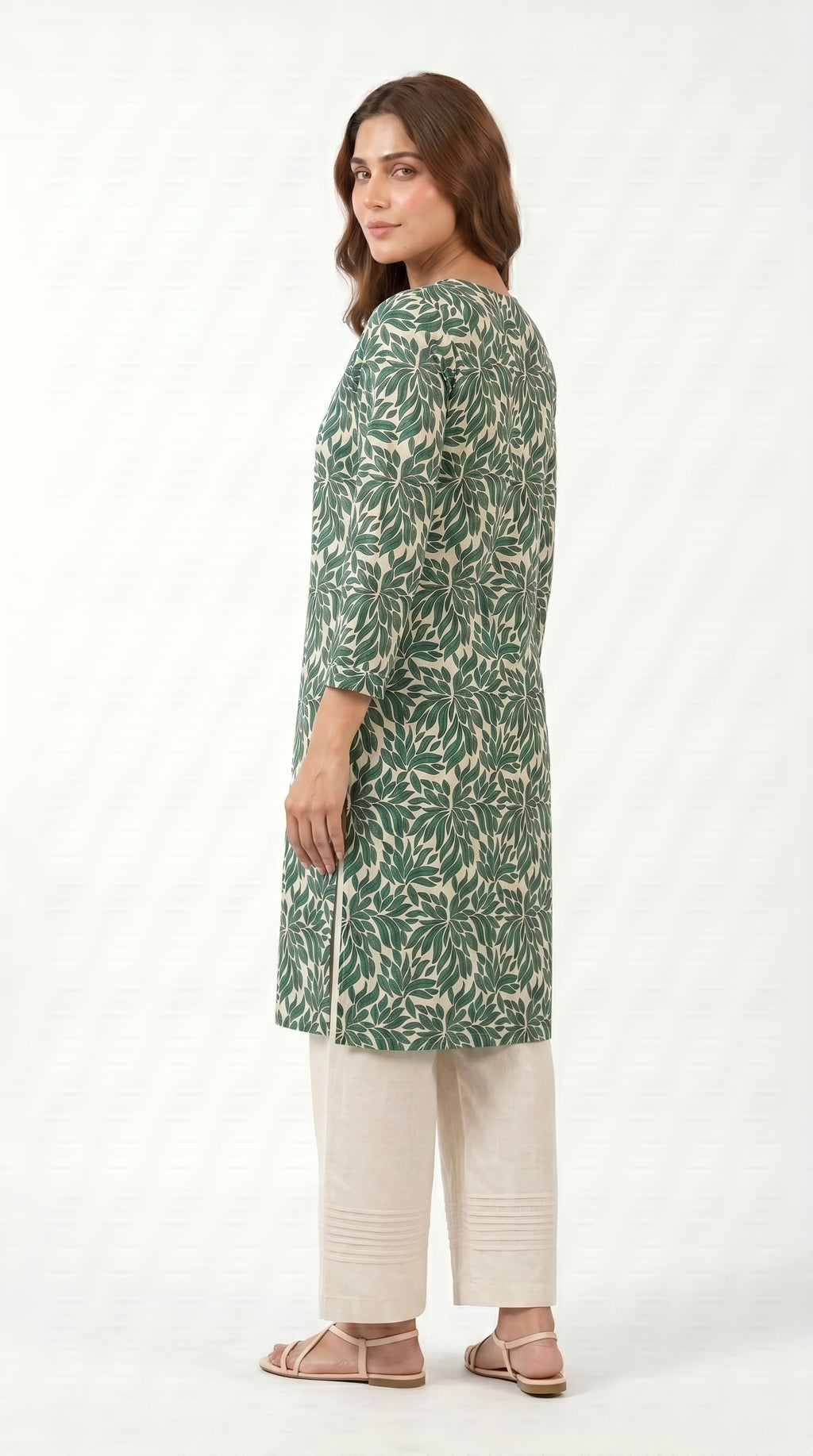 Emerald Leaf Print Kurta Trouser Set for Women