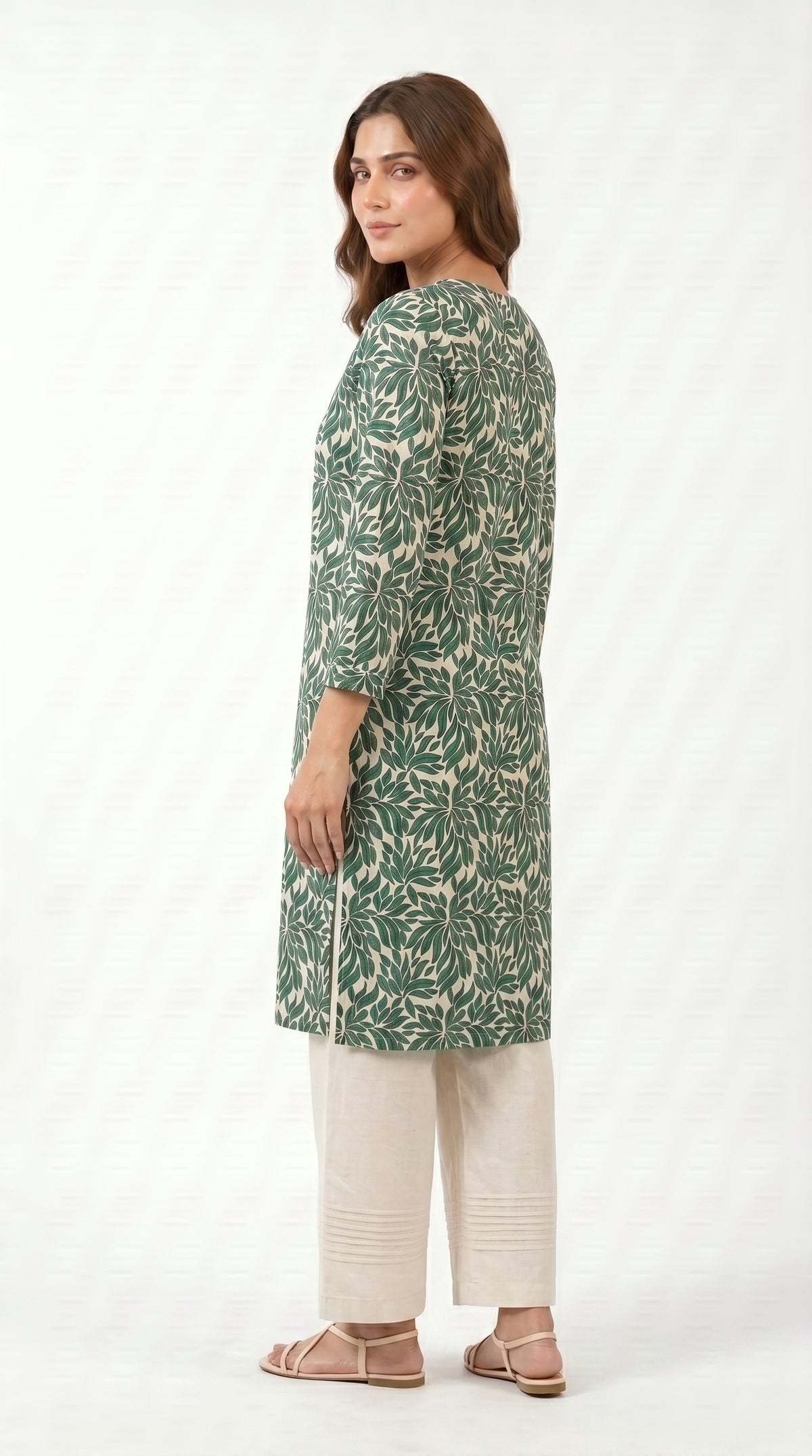 Emerald Leaf Print Kurta Trouser Set for Women