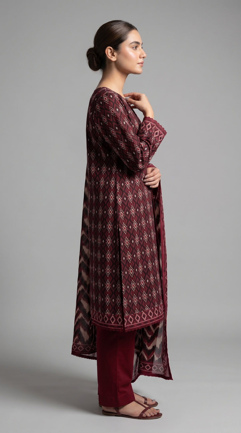Maroon Geometric Printed 3-Piece Pakistani Suit with Printed Dupatta