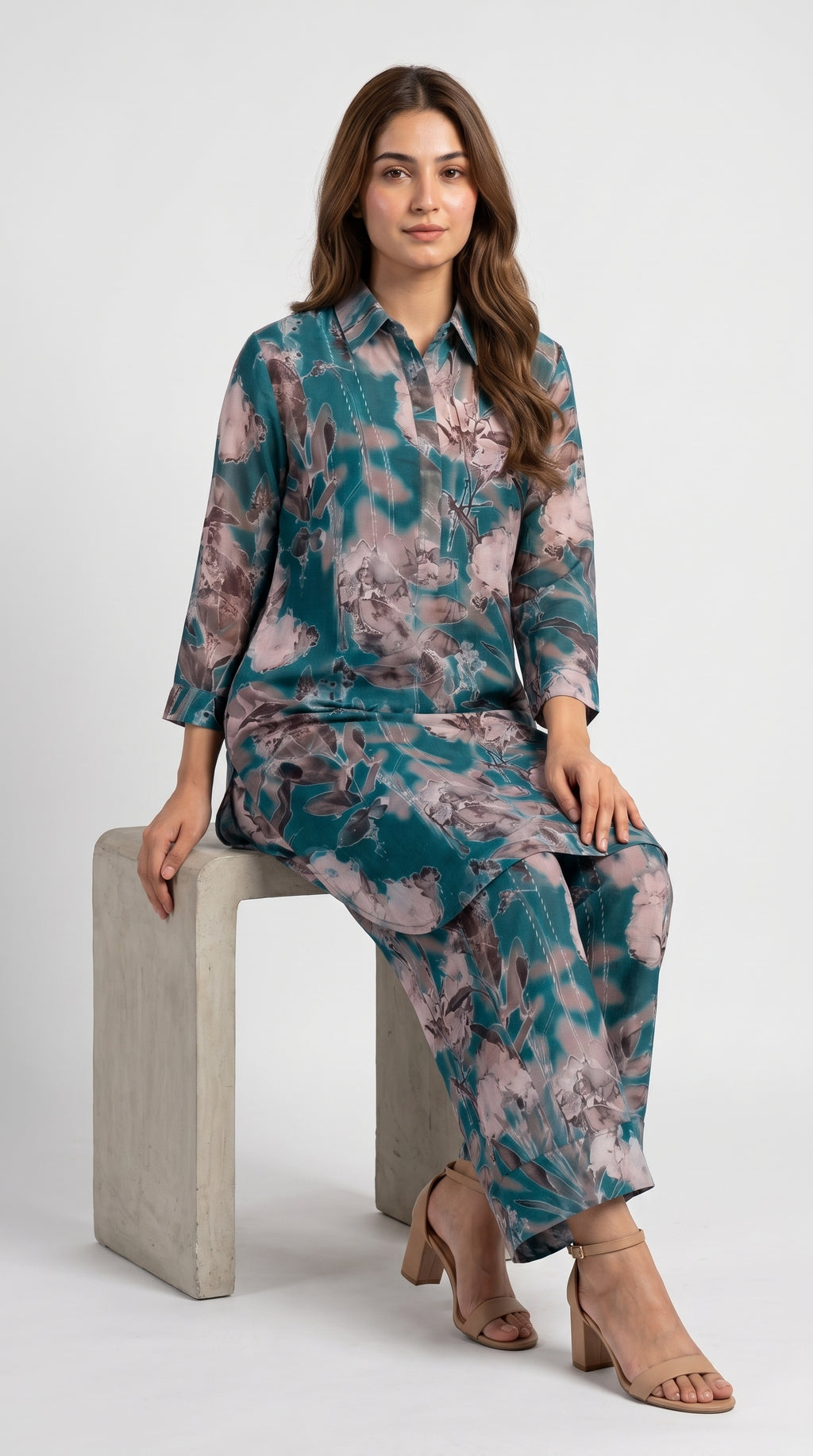 Teal Floral Printed Co-Ord Kurta Trouser Set for Women