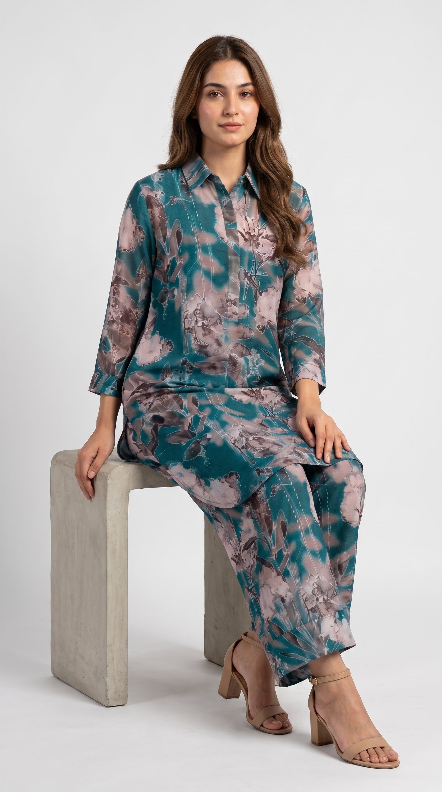 Teal Floral Printed Co-Ord Kurta Trouser Set for Women