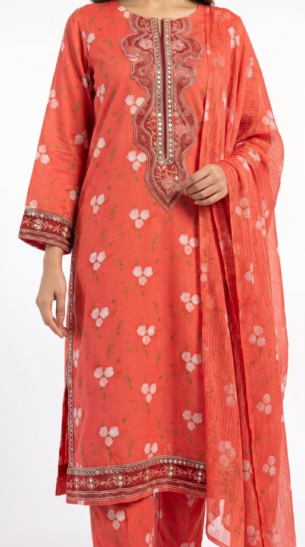 Coral Red Floral Printed 3-Piece Pakistani Suit with Embroidered Neckline