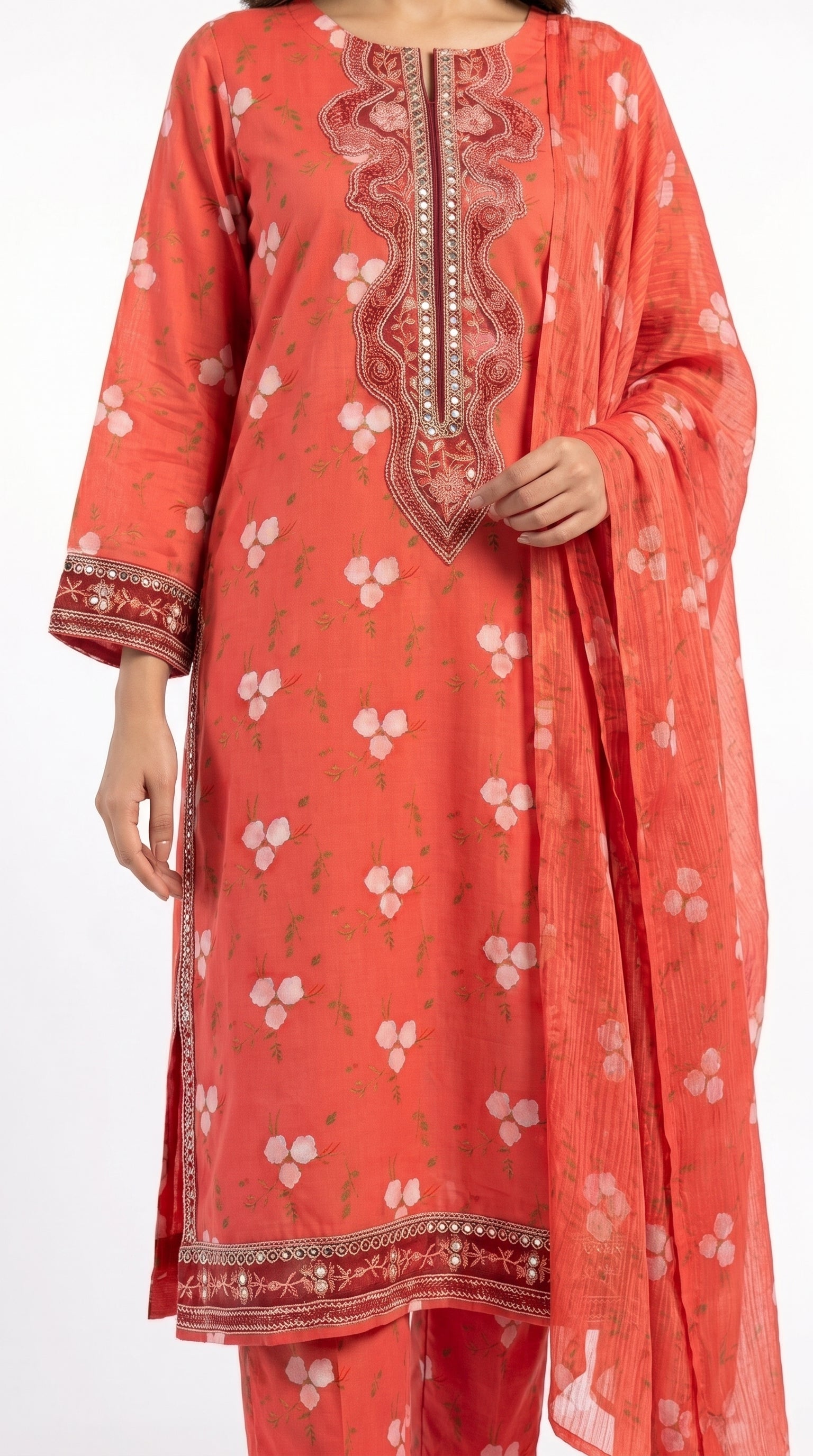 Coral Red Floral Printed 3-Piece Pakistani Suit with Embroidered Neckline