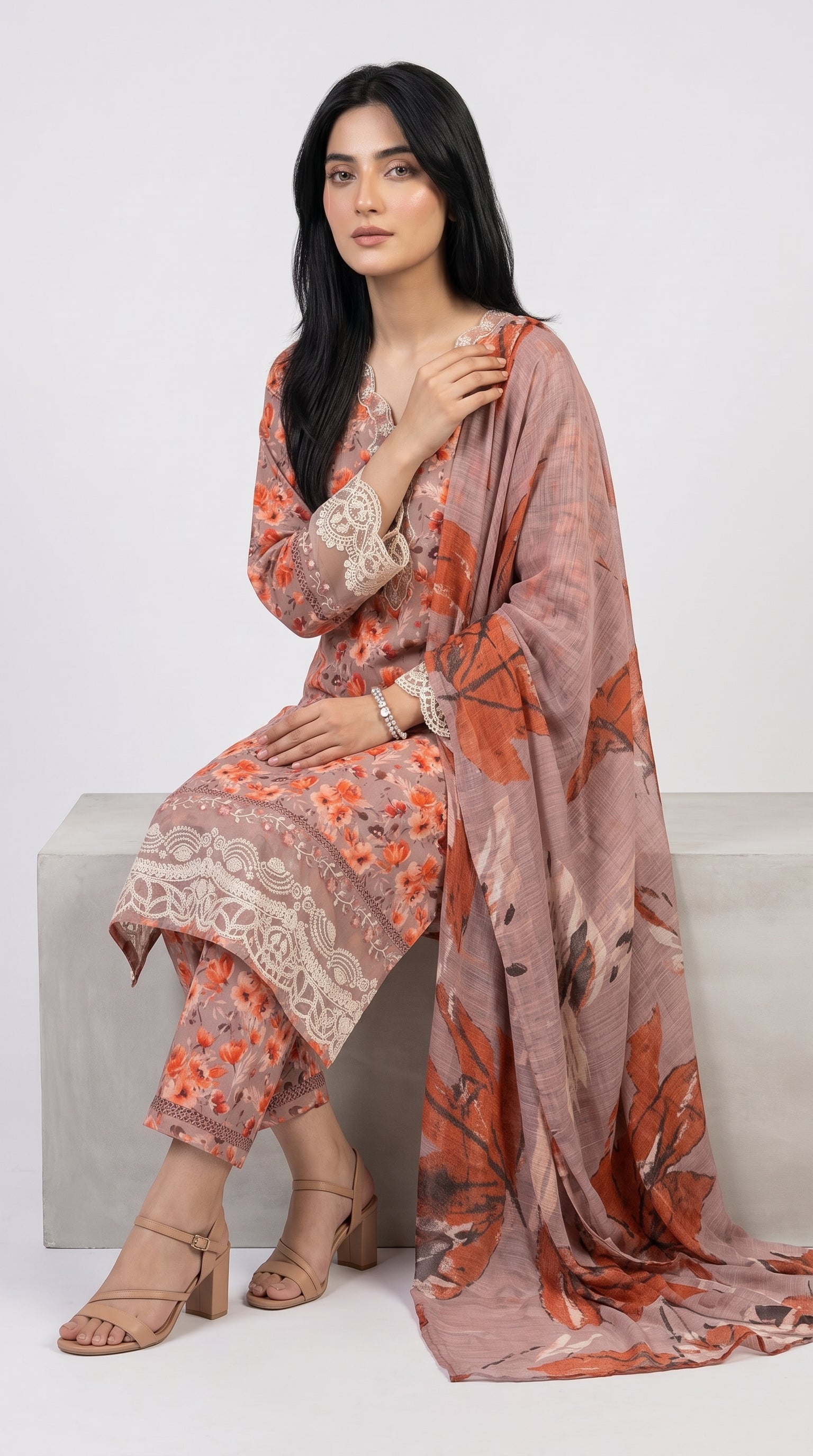 Rust Orange Floral Printed 3-Piece Suit with Embroidered Detailing