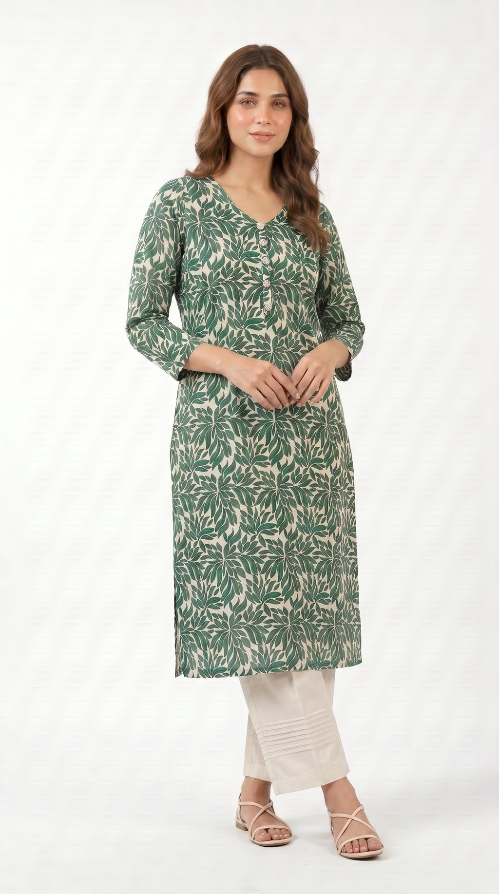 Emerald Leaf Print Kurta Trouser Set for Women