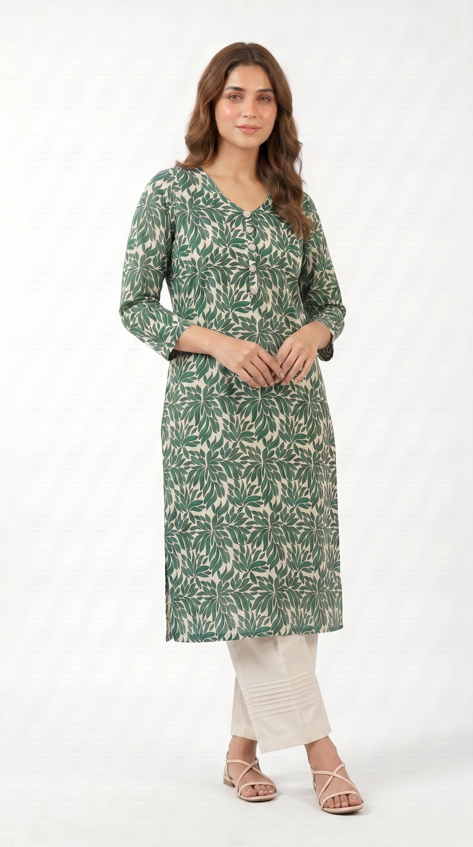 Emerald Leaf Print Kurta Trouser Set for Women