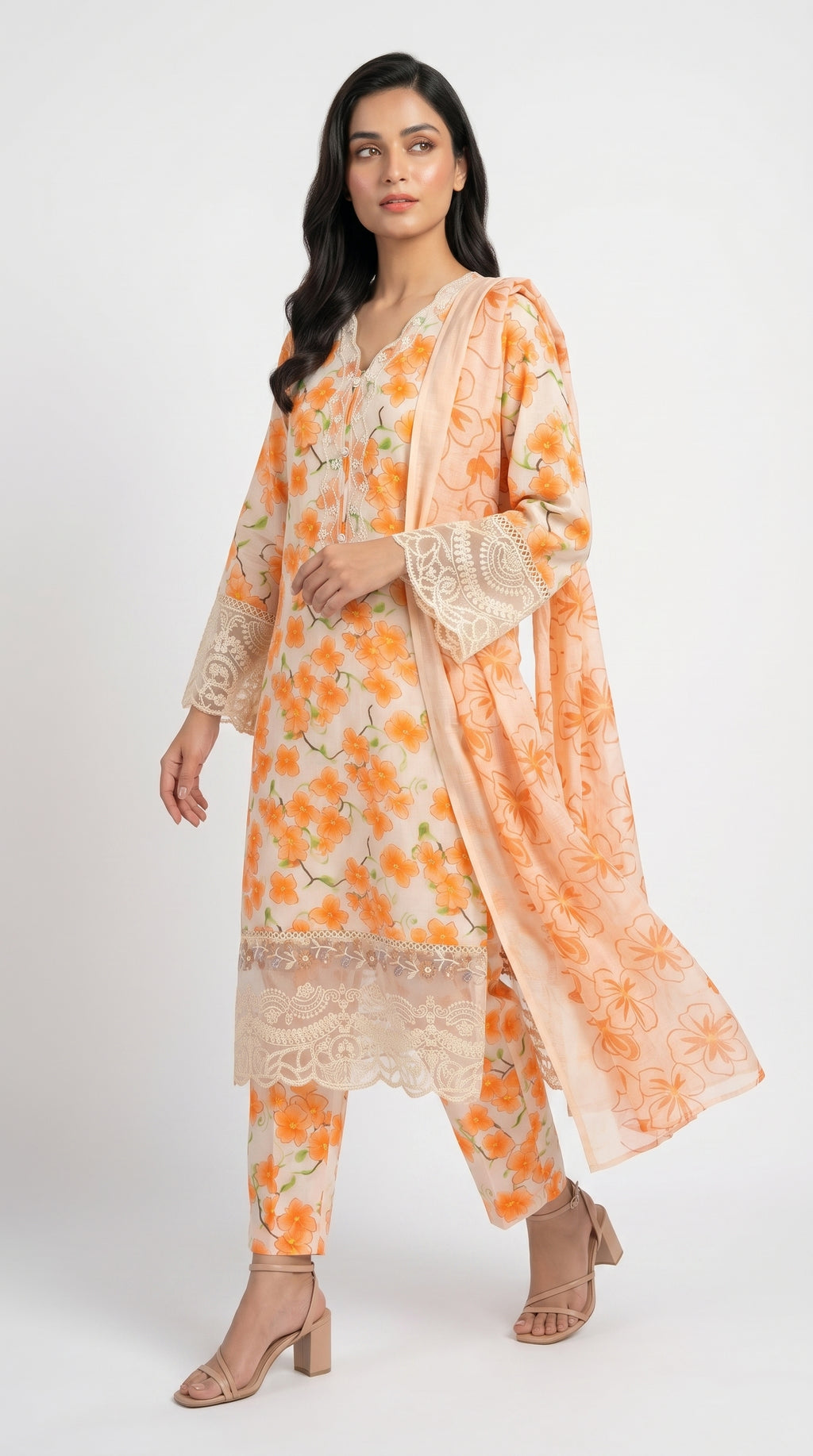 Peach Orange Floral Printed 3-Piece Suit with Lace Detailing