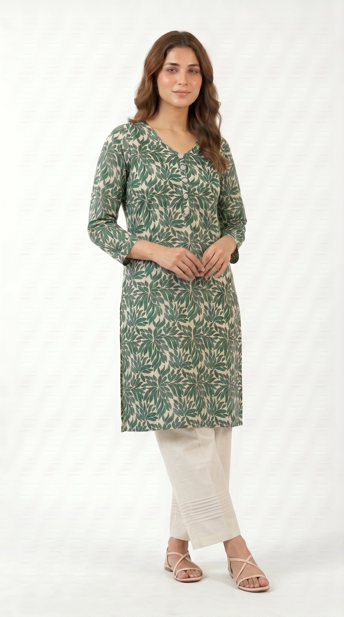 Emerald Leaf Print Kurta Trouser Set for Women