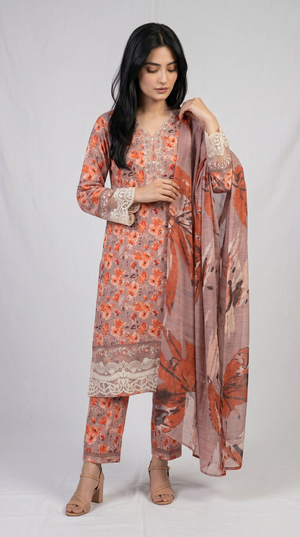 Rust Orange Floral Printed 3-Piece Suit with Embroidered Detailing