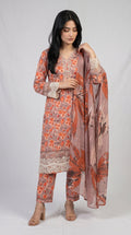 Rust Orange Floral Printed 3-Piece Suit with Embroidered Detailing