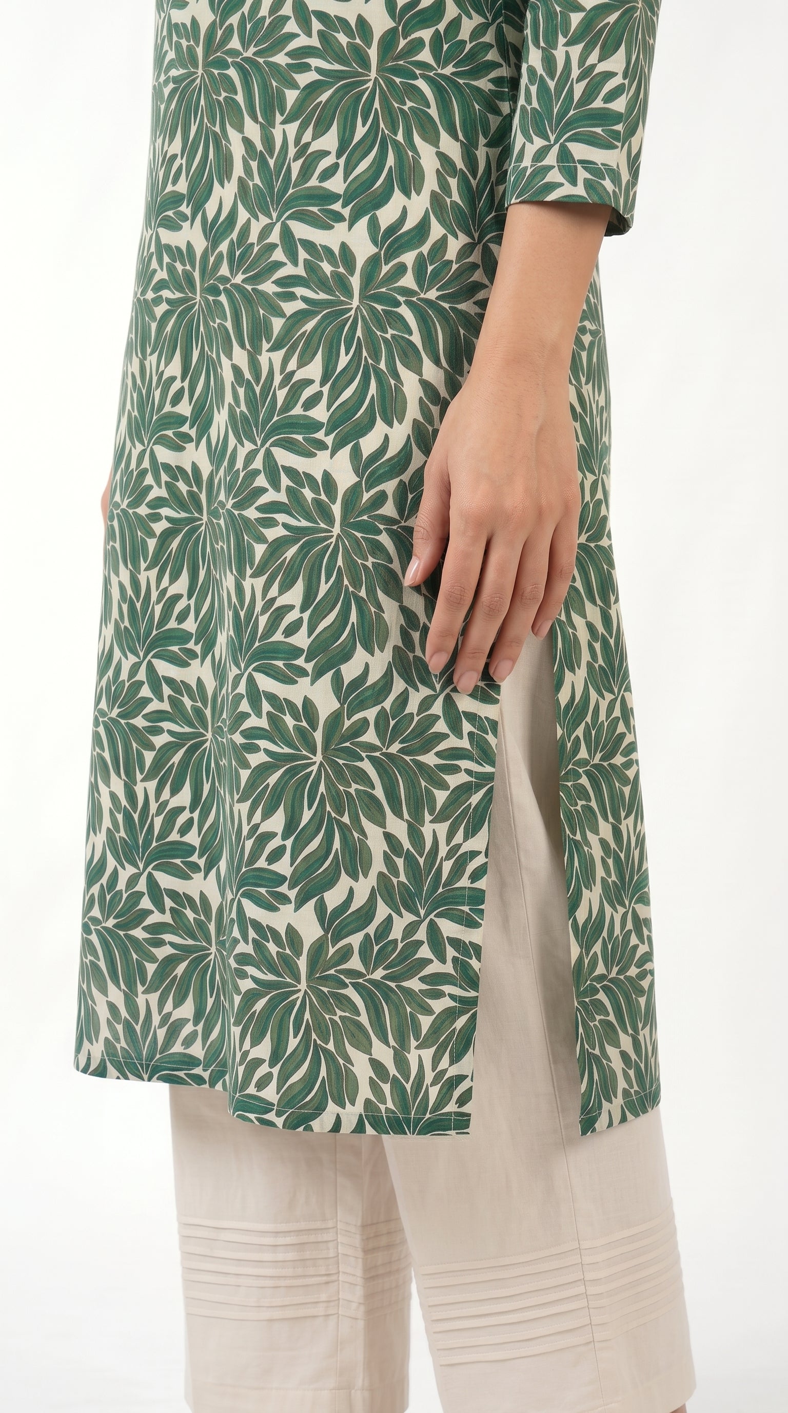 Emerald Leaf Print Kurta Trouser Set for Women
