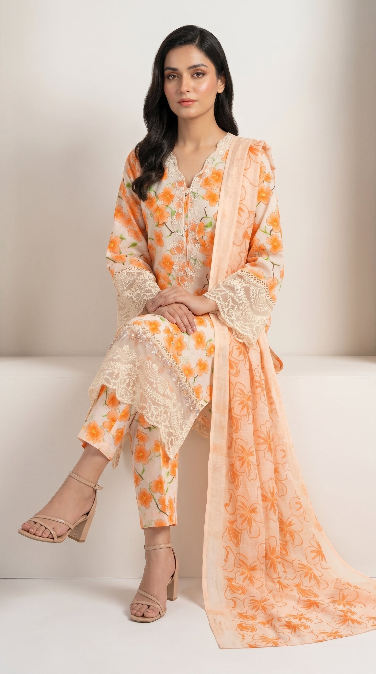 Peach Orange Floral Printed 3-Piece Suit with Lace Detailing